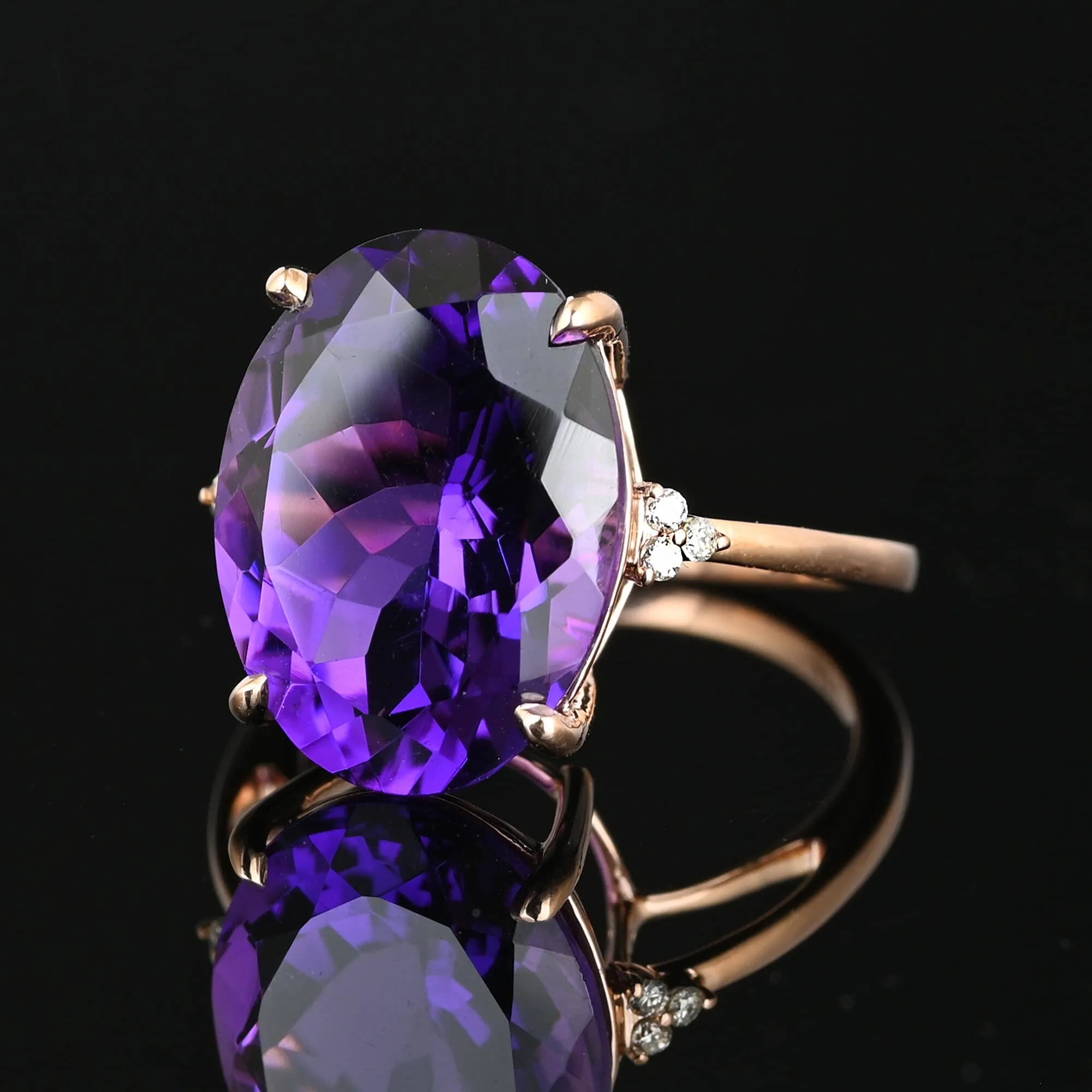 14K Rose Gold Diamond Amethyst Ring, 9 Carats