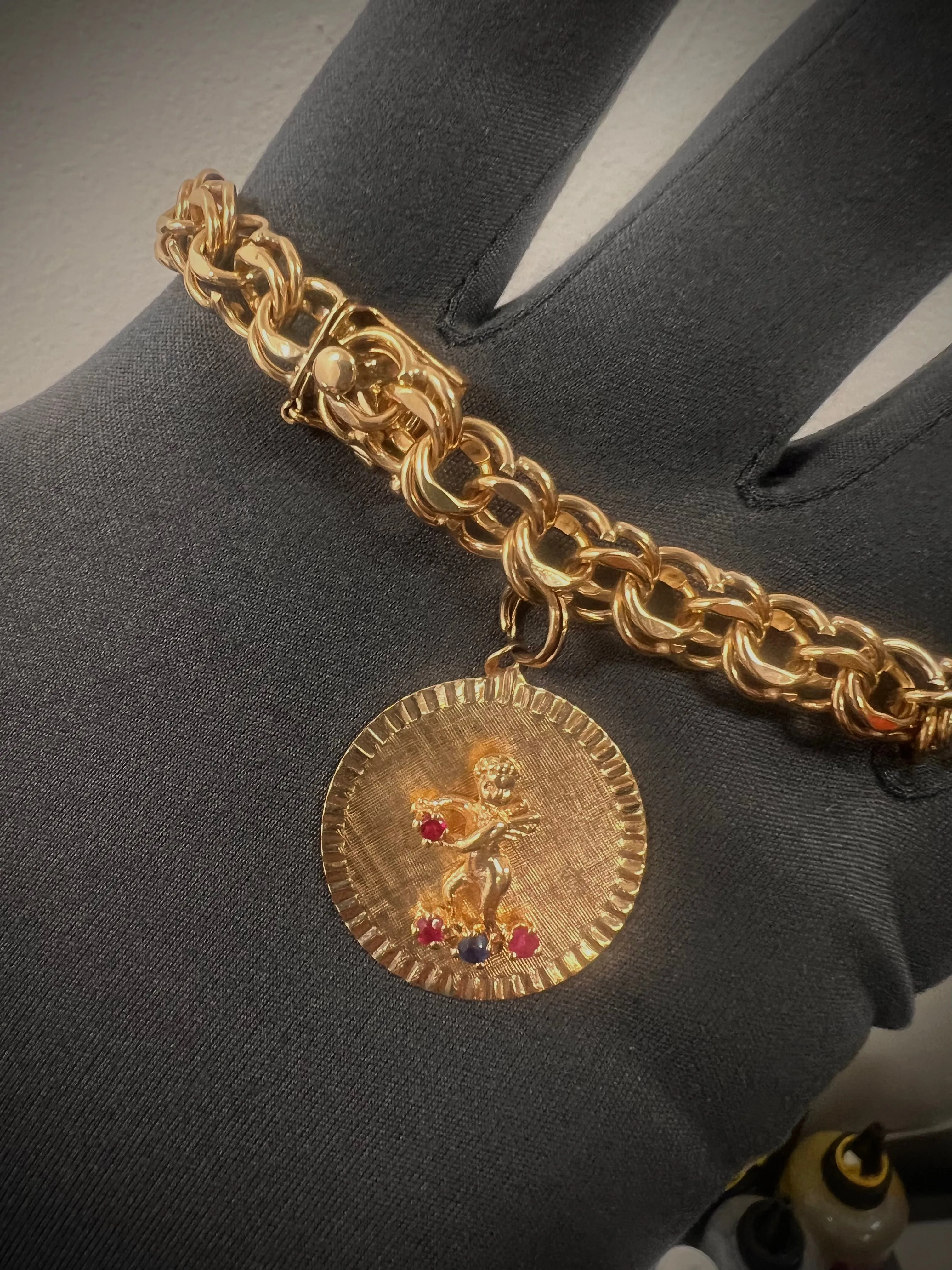 14k Yellow gold vintage chino solid bracelet with angle coin ruby and sapphire handmade-2345