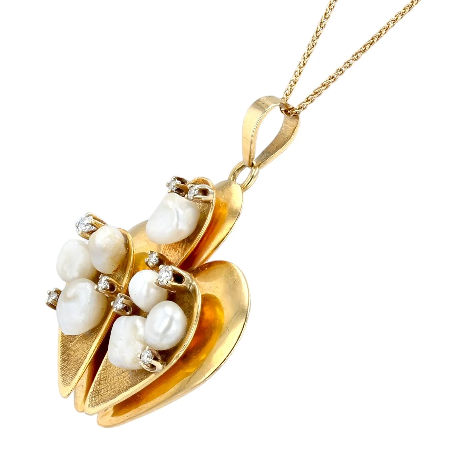 14K Yellow solid gold two D double Heart original  baroque pearl and diamonds necklace-10954