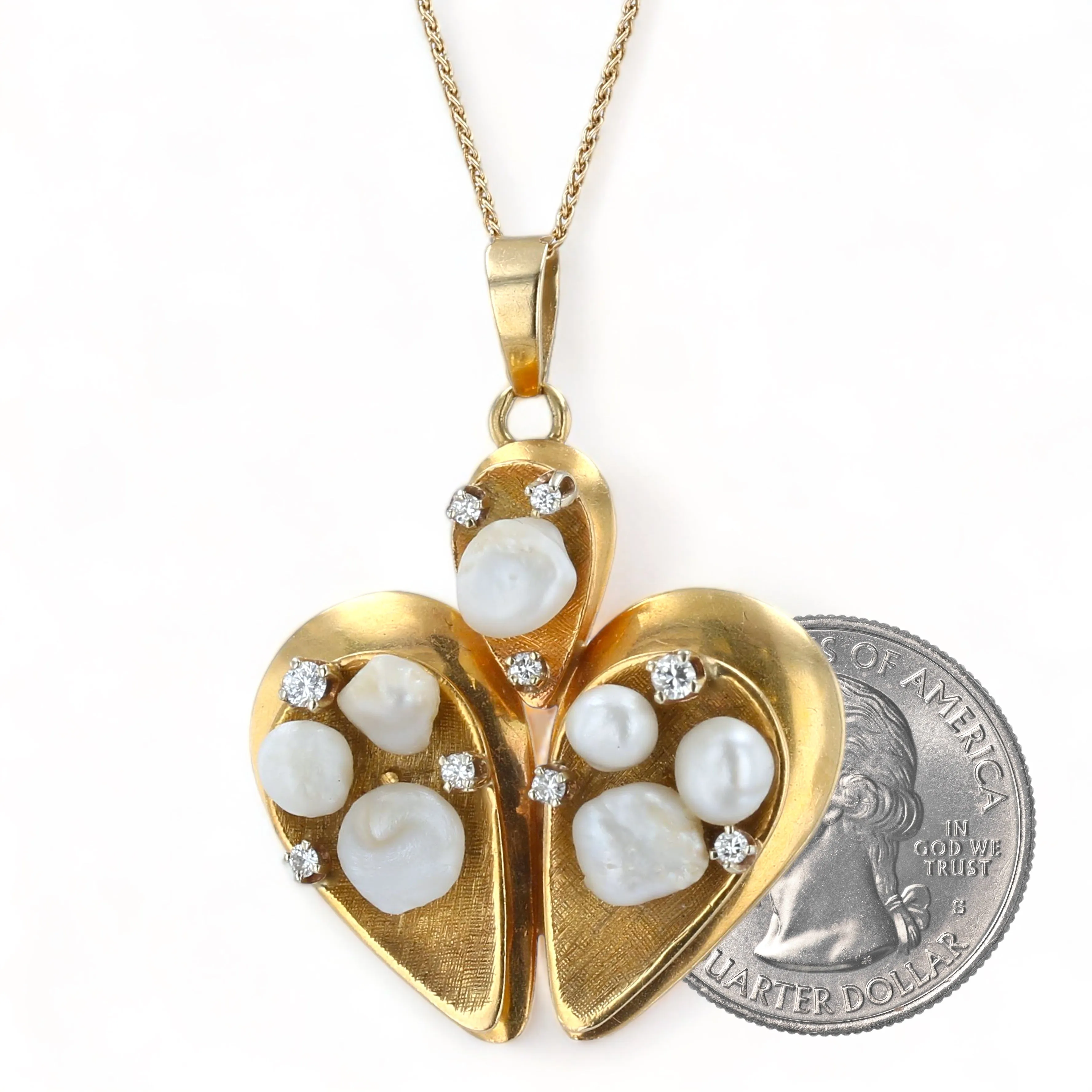 14K Yellow solid gold two D double Heart original  baroque pearl and diamonds necklace-10954