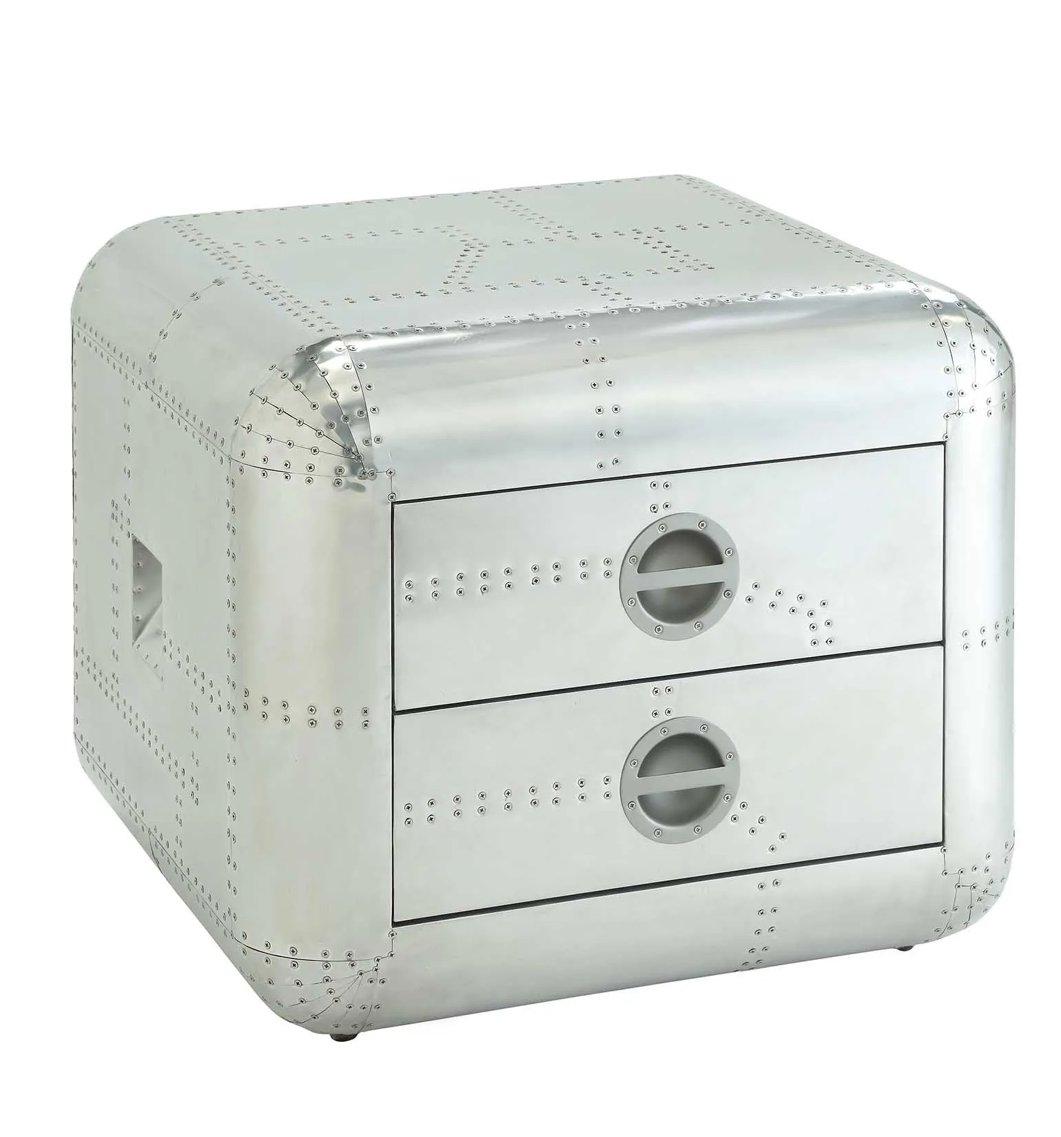 22 Silver Aluminum Aviator Trunk Style Square End Table With Two Drawers