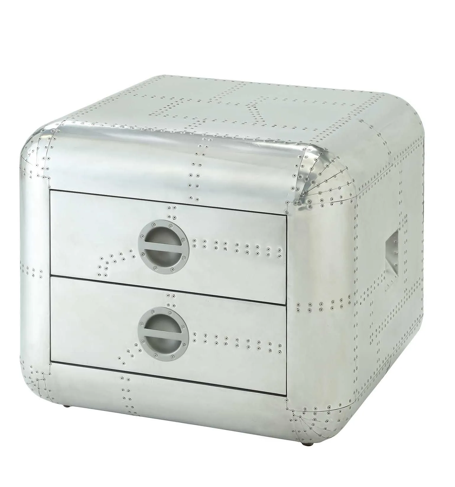 22 Silver Aluminum Aviator Trunk Style Square End Table With Two Drawers