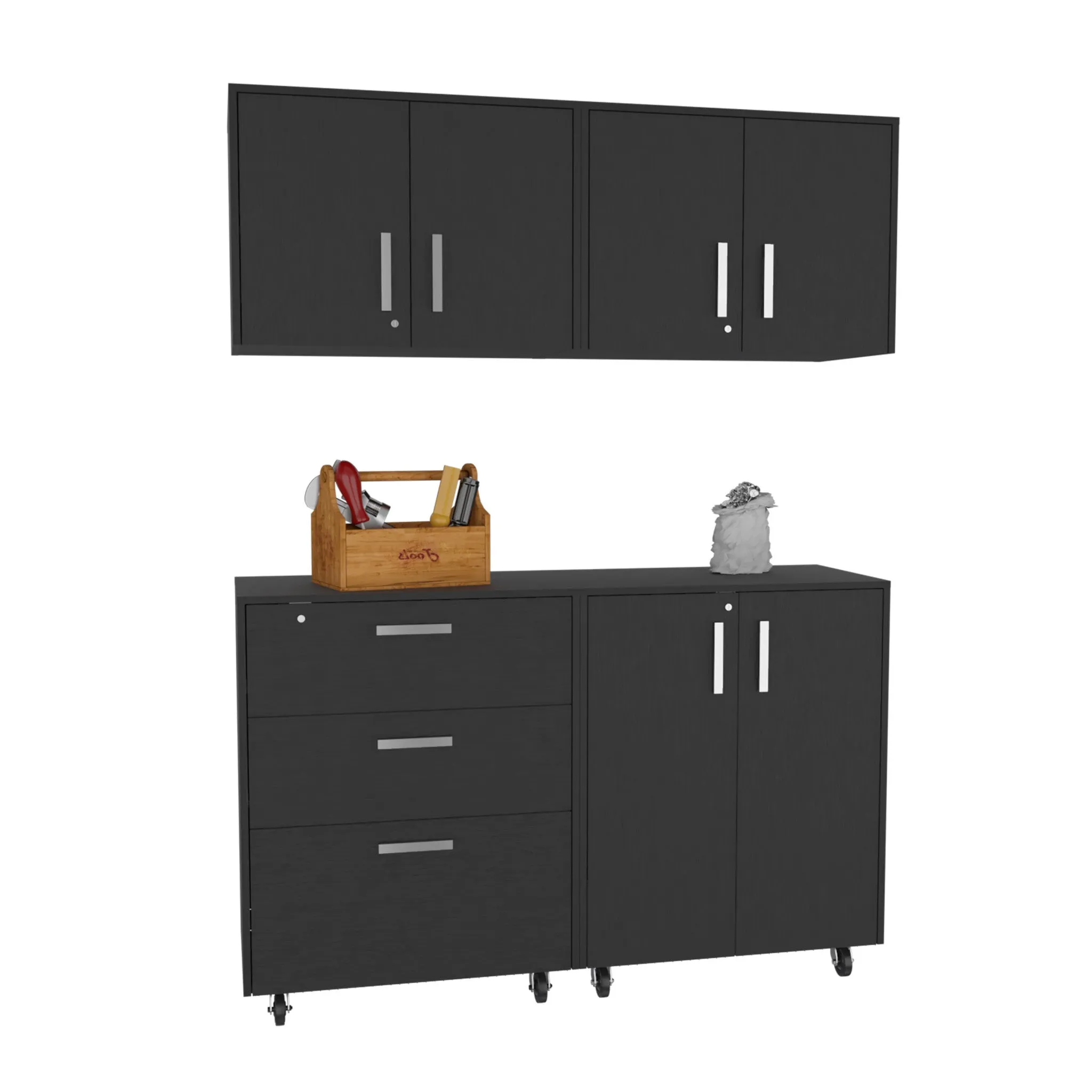 28 Black Wall mounted Accent Cabinet With Six Shelves And Three Drawers