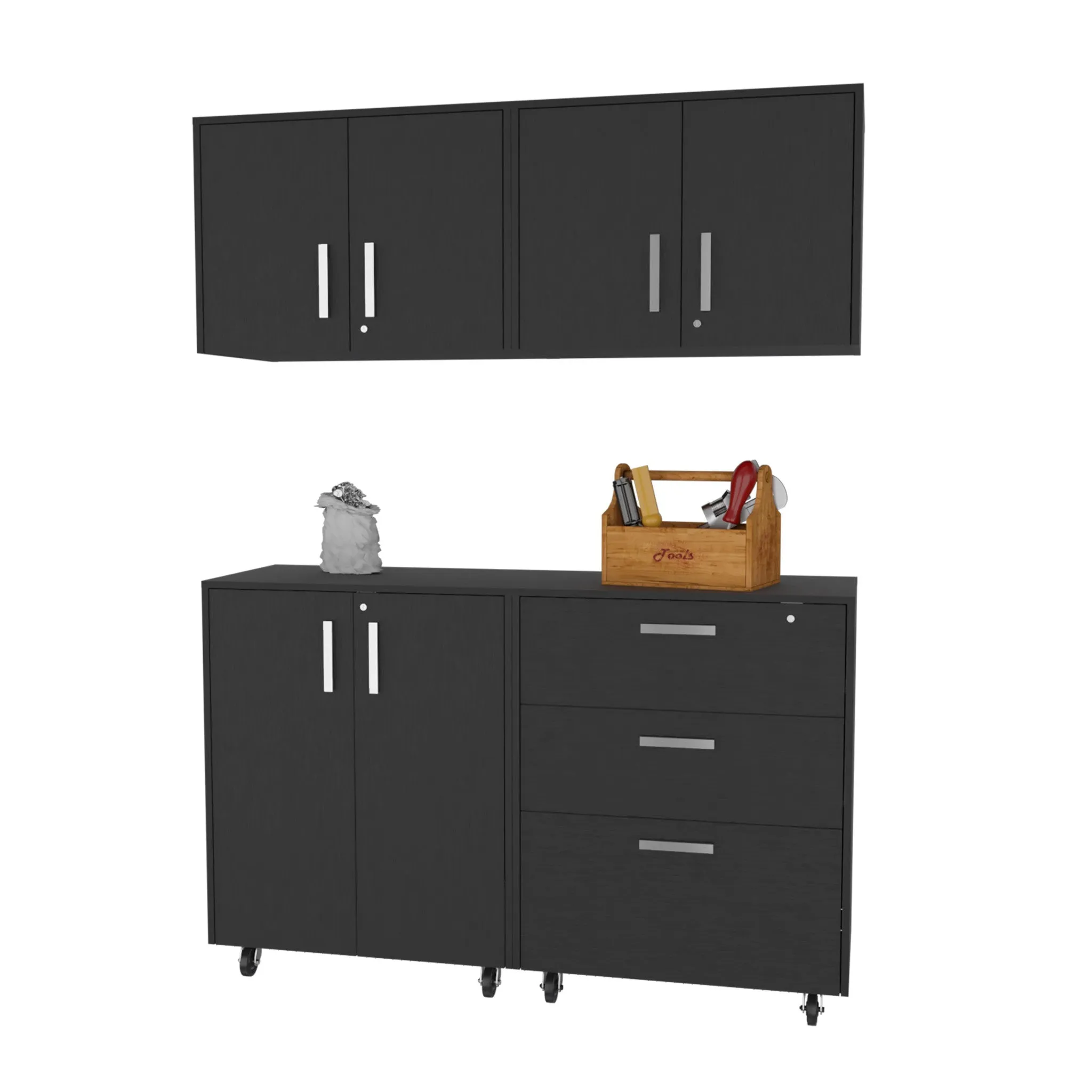 28 Black Wall mounted Accent Cabinet With Six Shelves And Three Drawers