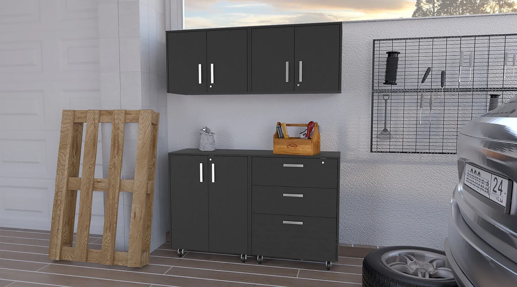 28 Black Wall mounted Accent Cabinet With Six Shelves And Three Drawers