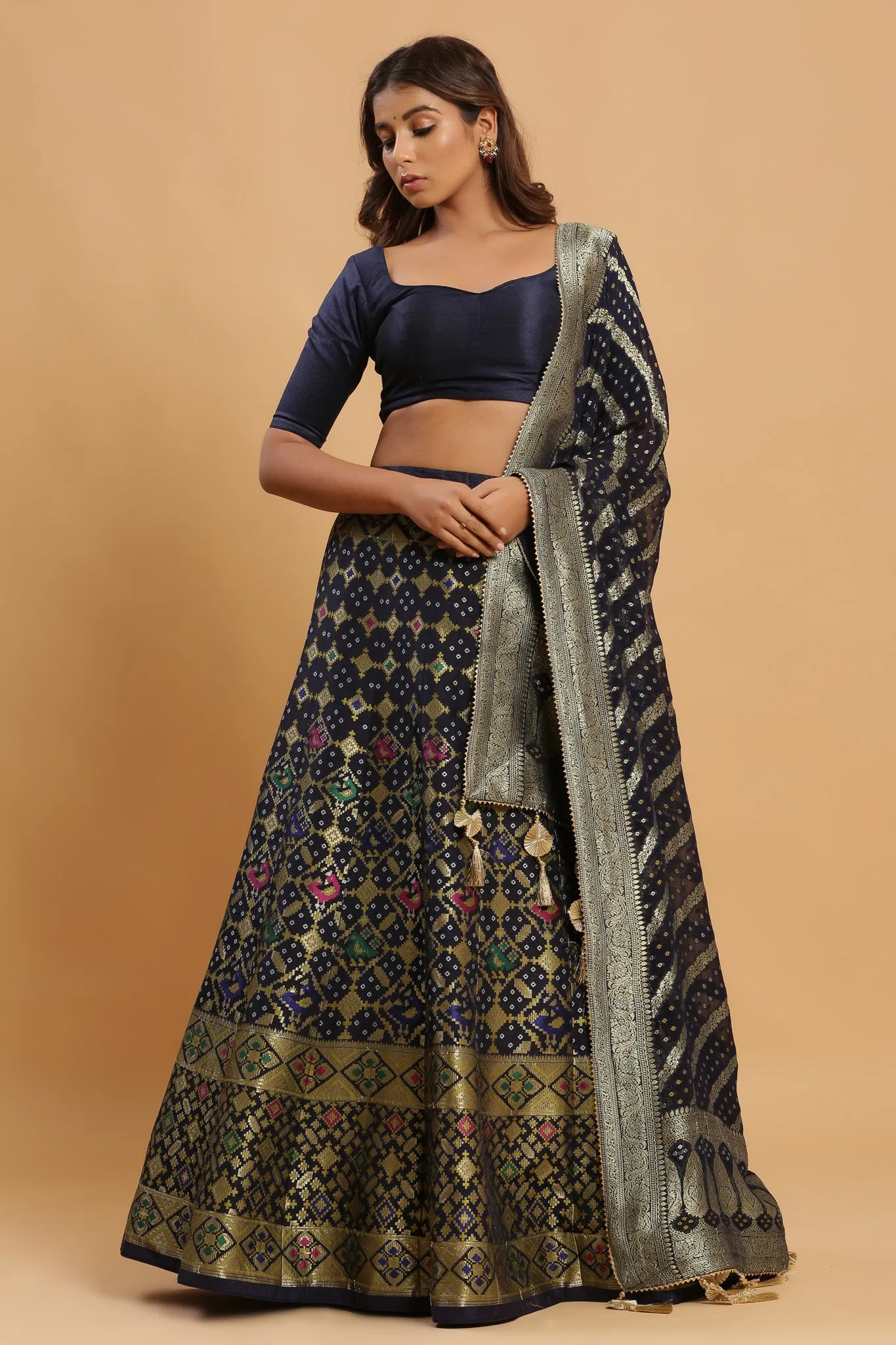 30Z222H-RO Navy Printed Silk Lehenga Set