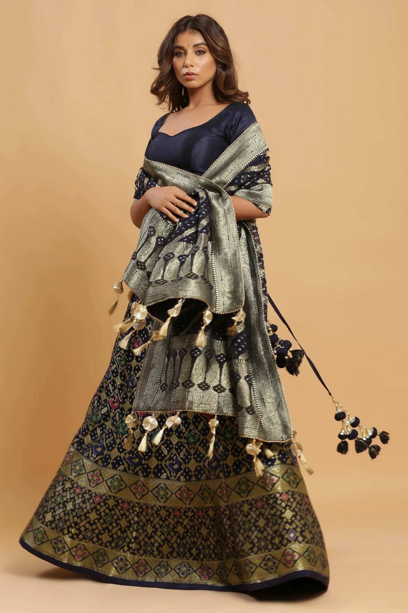 30Z222H-RO Navy Printed Silk Lehenga Set