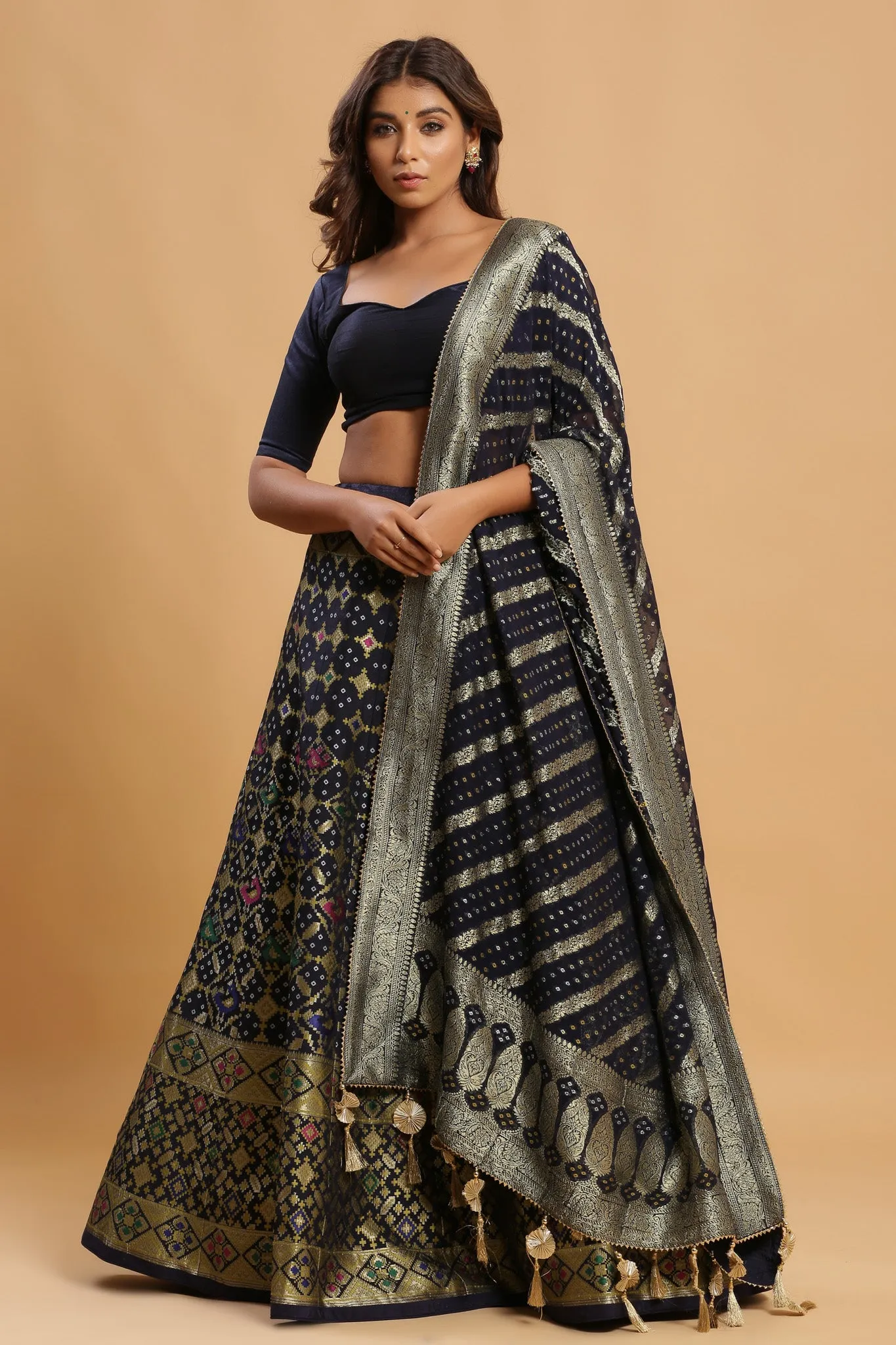 30Z222H-RO Navy Printed Silk Lehenga Set