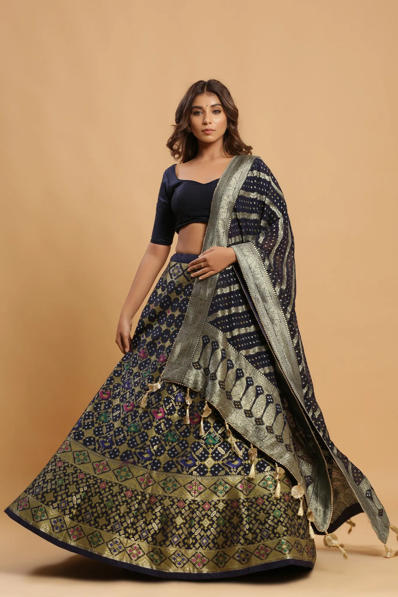 30Z222H-RO Navy Printed Silk Lehenga Set