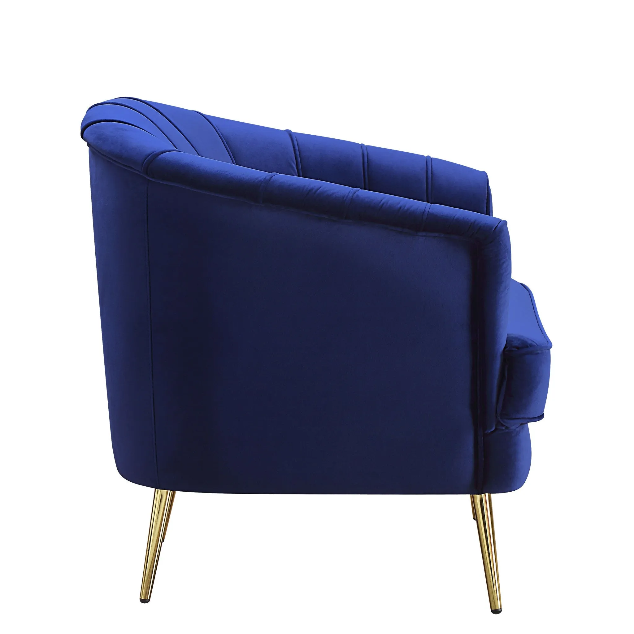 31 Blue Velvet And Gold Striped Barrel Chair