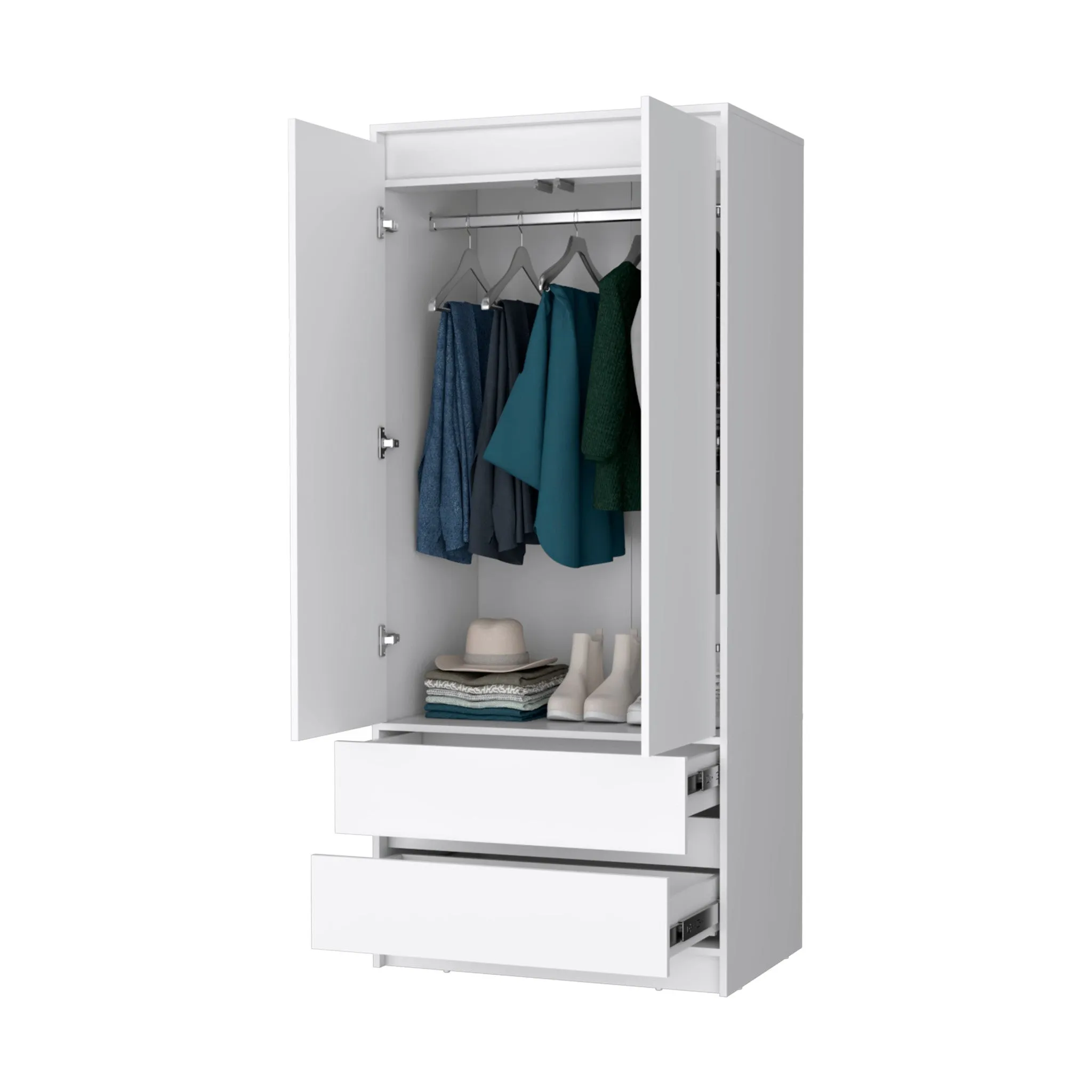 32 White Accent Cabinet Soft Close With Multiple Shelves And Two Drawers