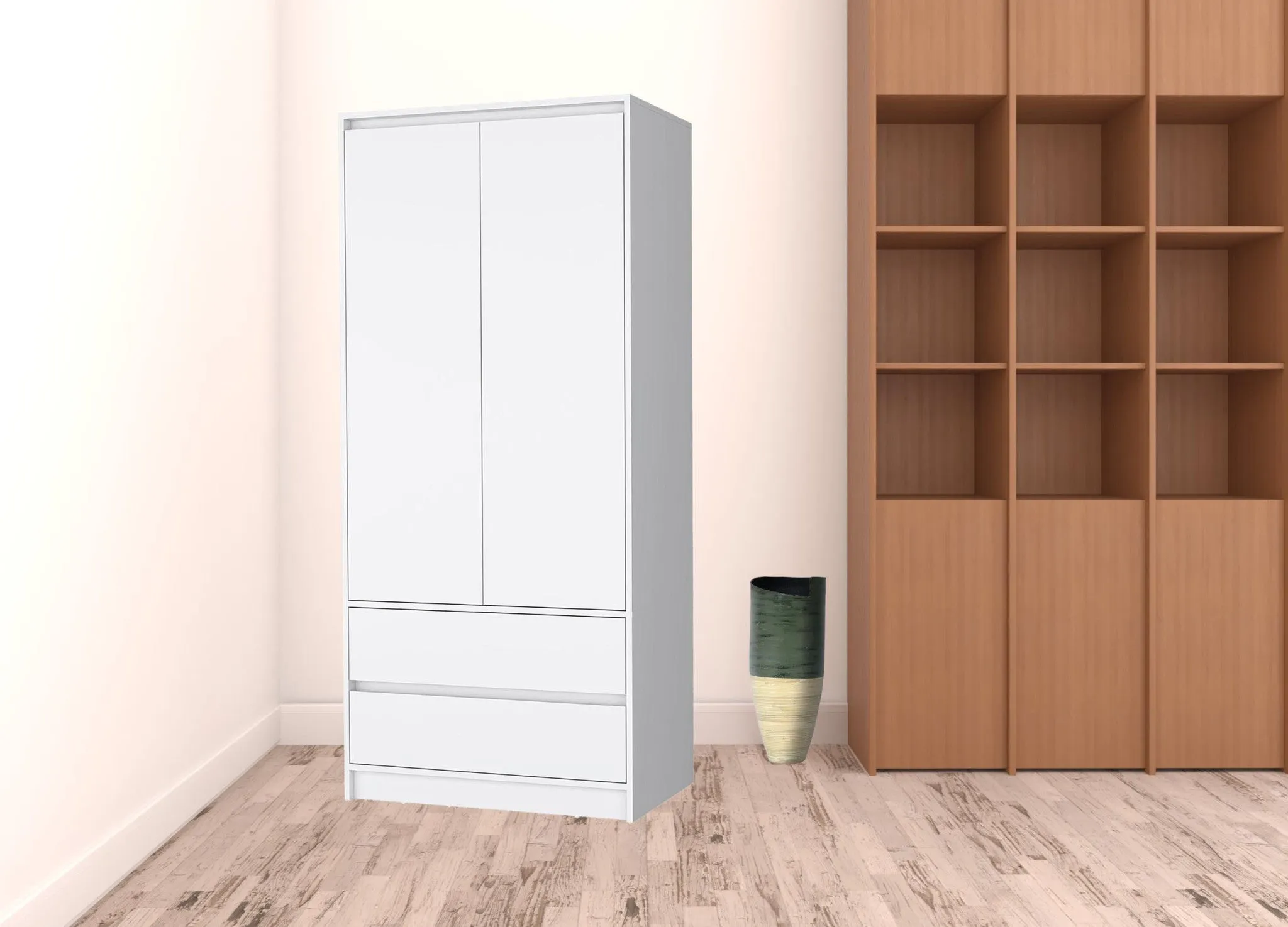 32 White Accent Cabinet Soft Close With Multiple Shelves And Two Drawers