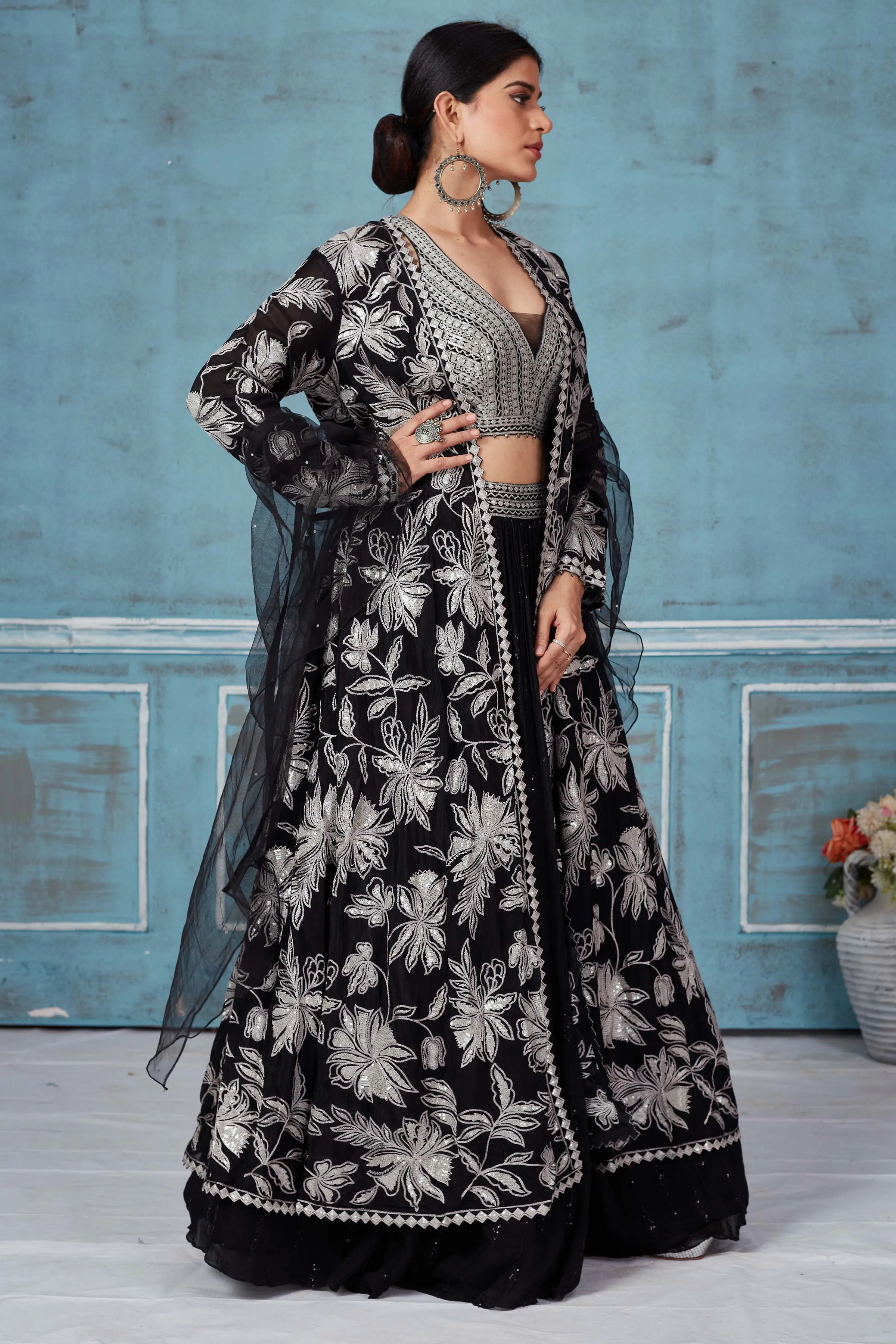 32A036 Black Embroidered Georgette Lehenga With Jacket