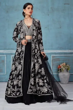 32A036 Black Embroidered Georgette Lehenga With Jacket