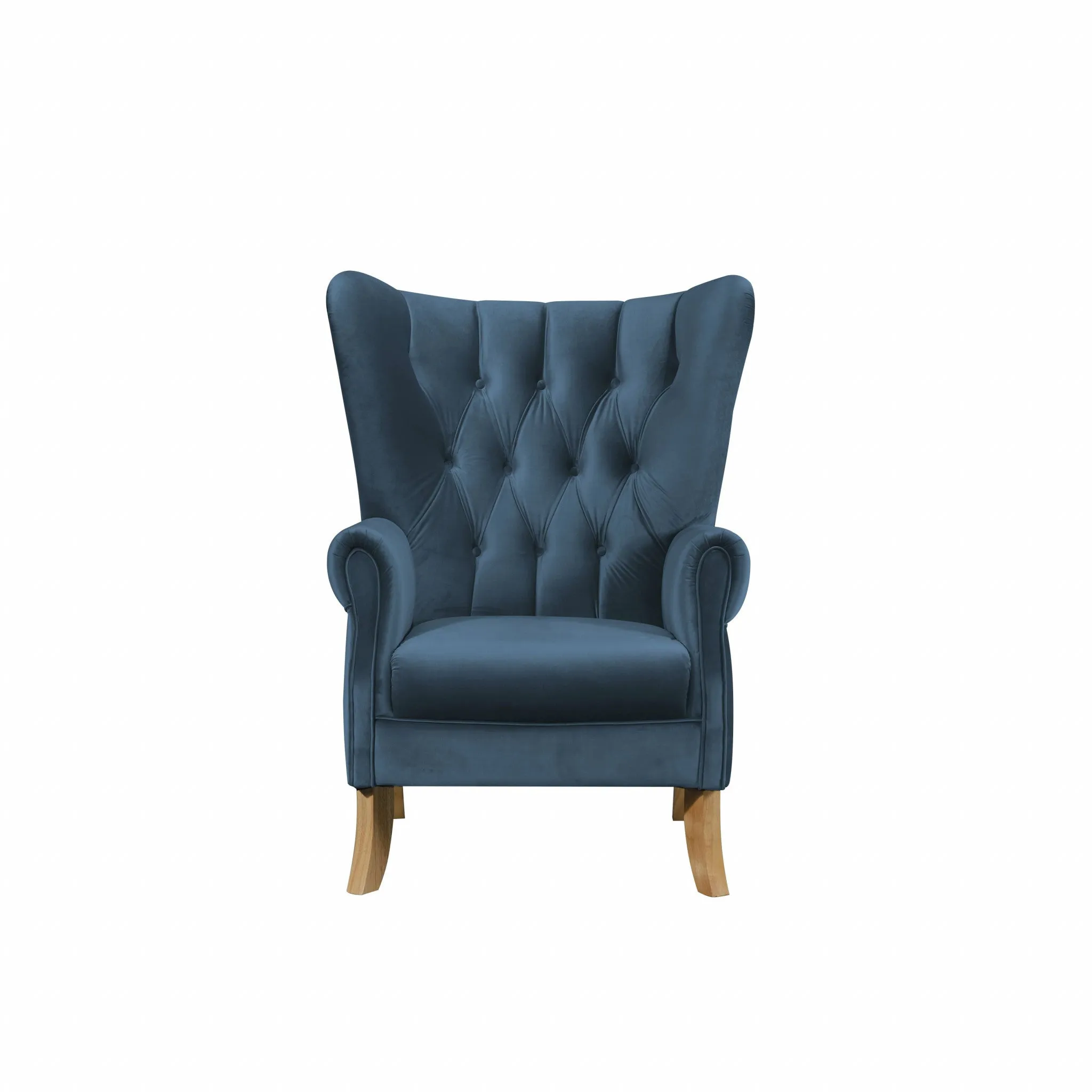 34 Azure Blue Velvet And Brown Solid Color Wingback Chair