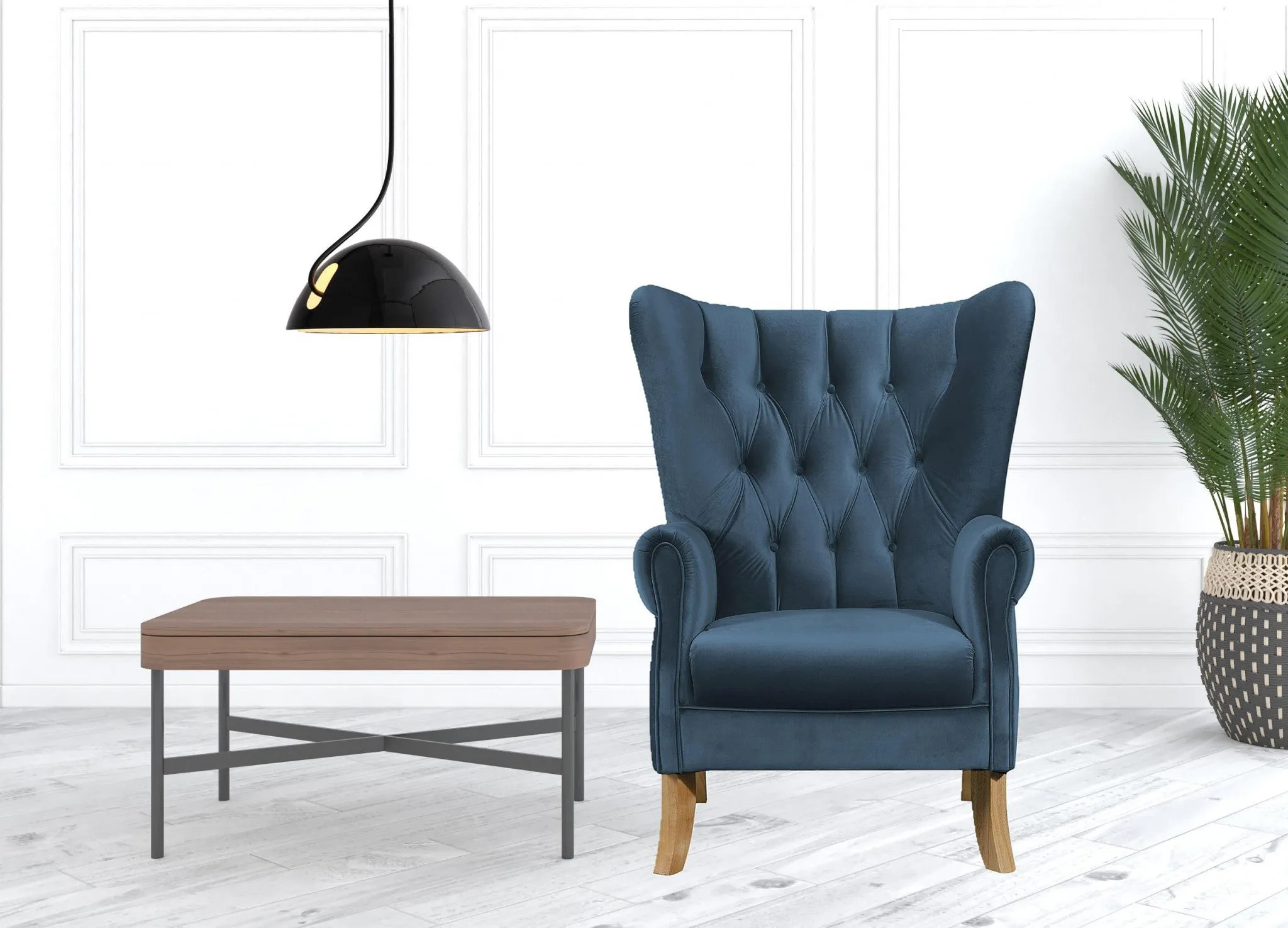 34 Azure Blue Velvet And Brown Solid Color Wingback Chair