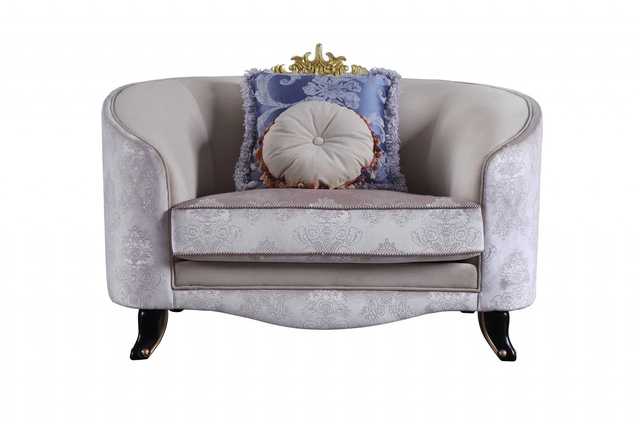 38 Cream And Black Velvet Damask Barrel Chair