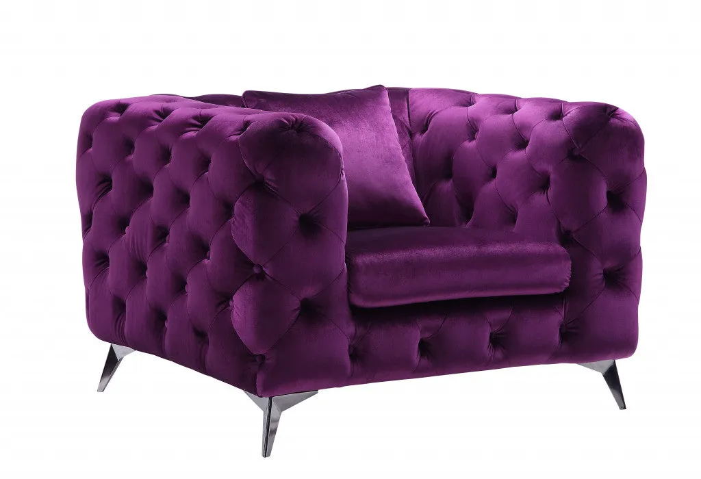 41 Purple Fabric And Black Tufted Arm Chair