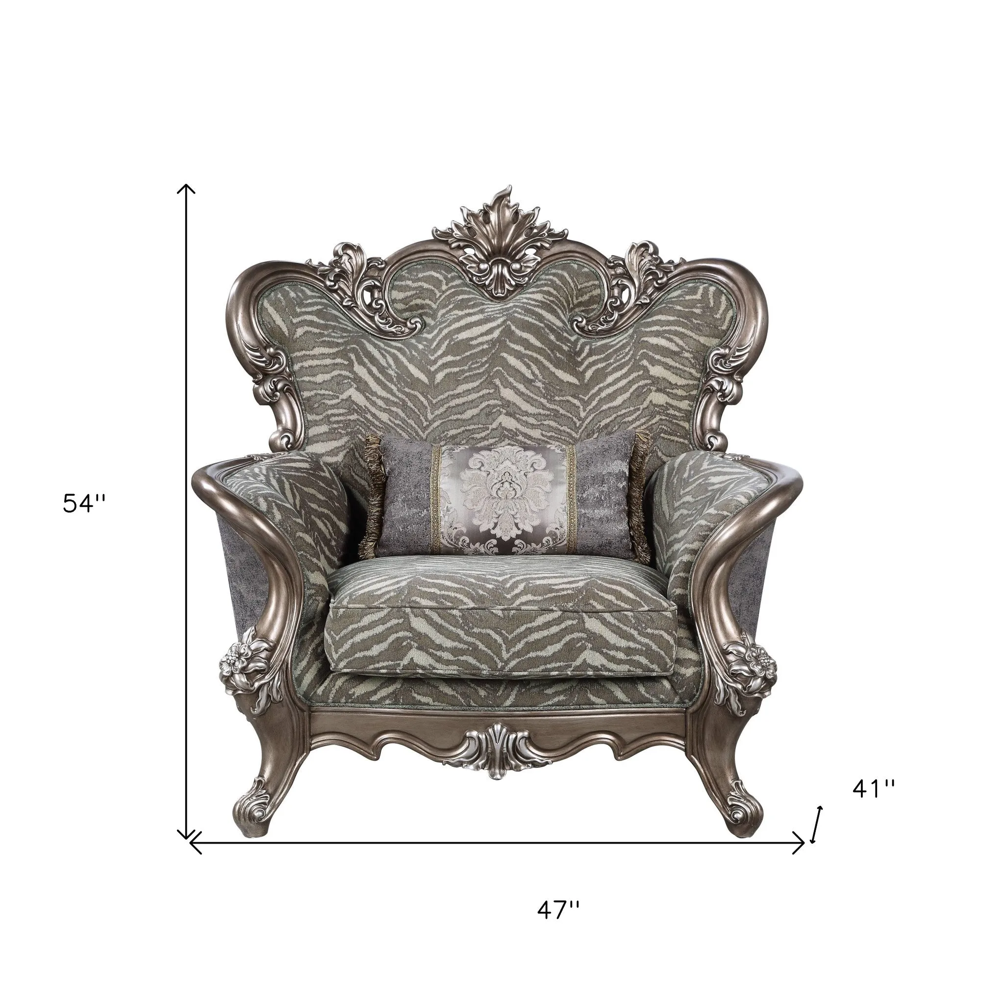 47 Gray Fabric And Antique Bronze Floral Tufted Wingback Chair