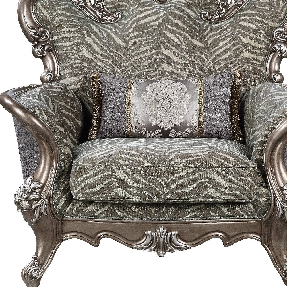 47 Gray Fabric And Antique Bronze Floral Tufted Wingback Chair