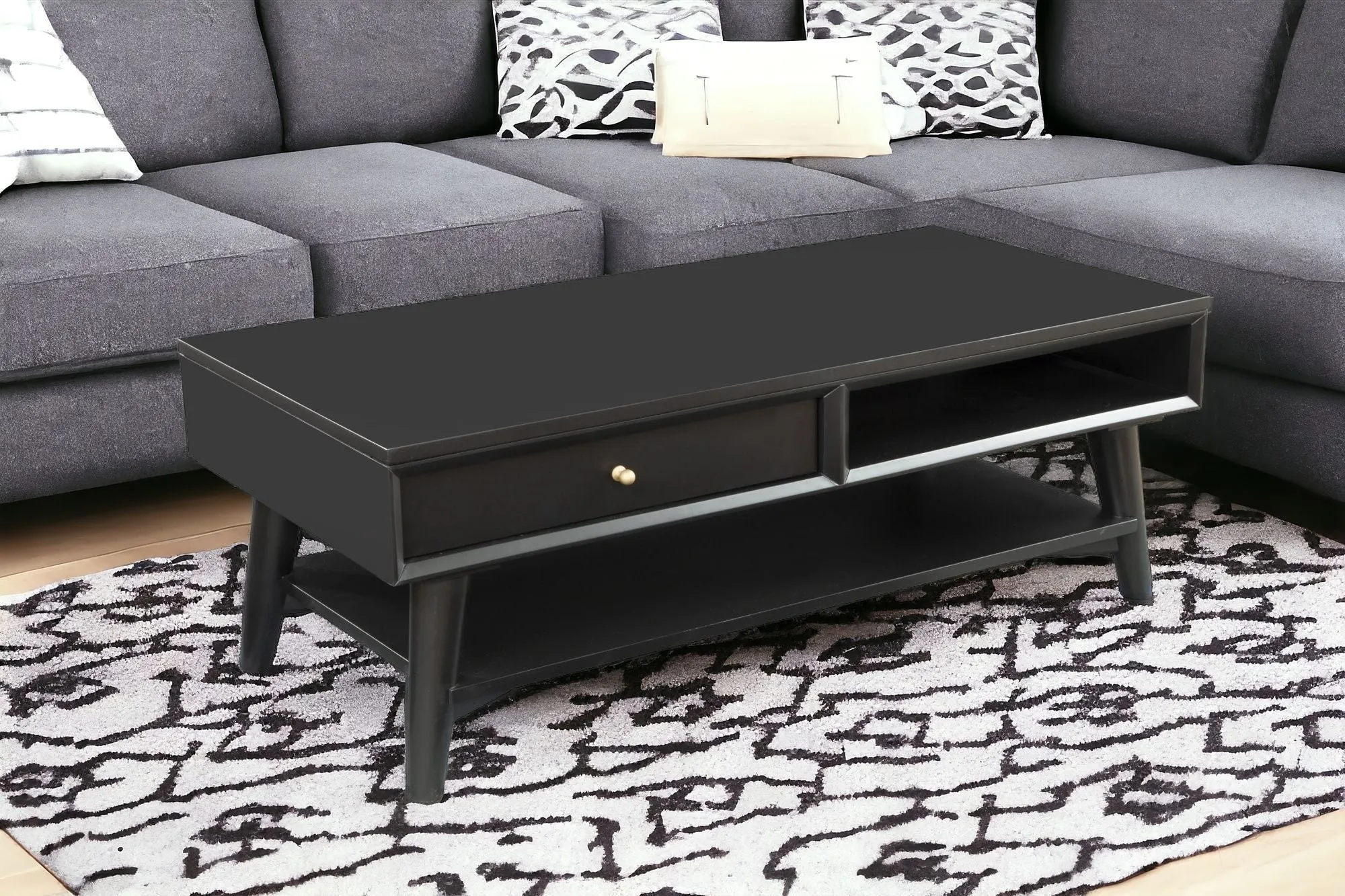 48 Black Solid And Manufactured Wood Coffee Table With Drawer