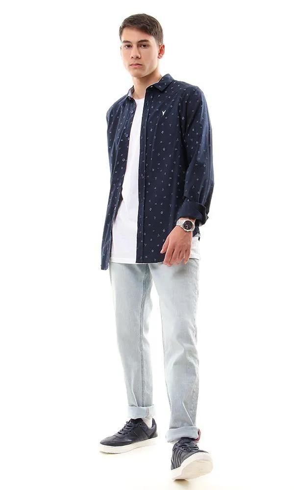 57855 Trendy Symbols Patterns Navy Blue Casual Shirt