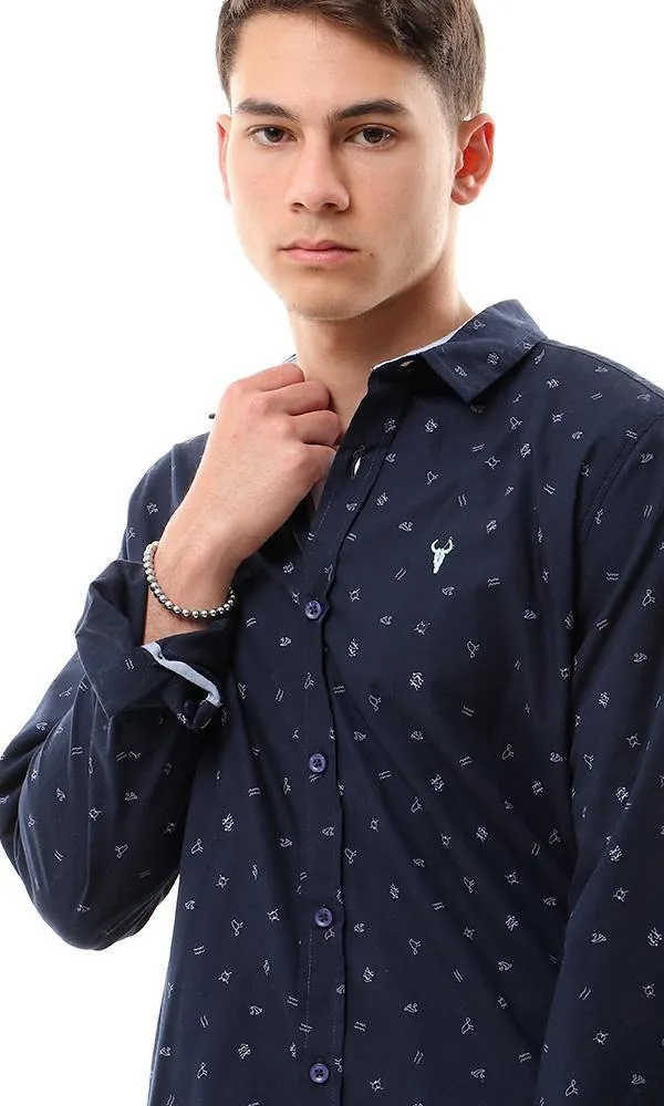 57855 Trendy Symbols Patterns Navy Blue Casual Shirt