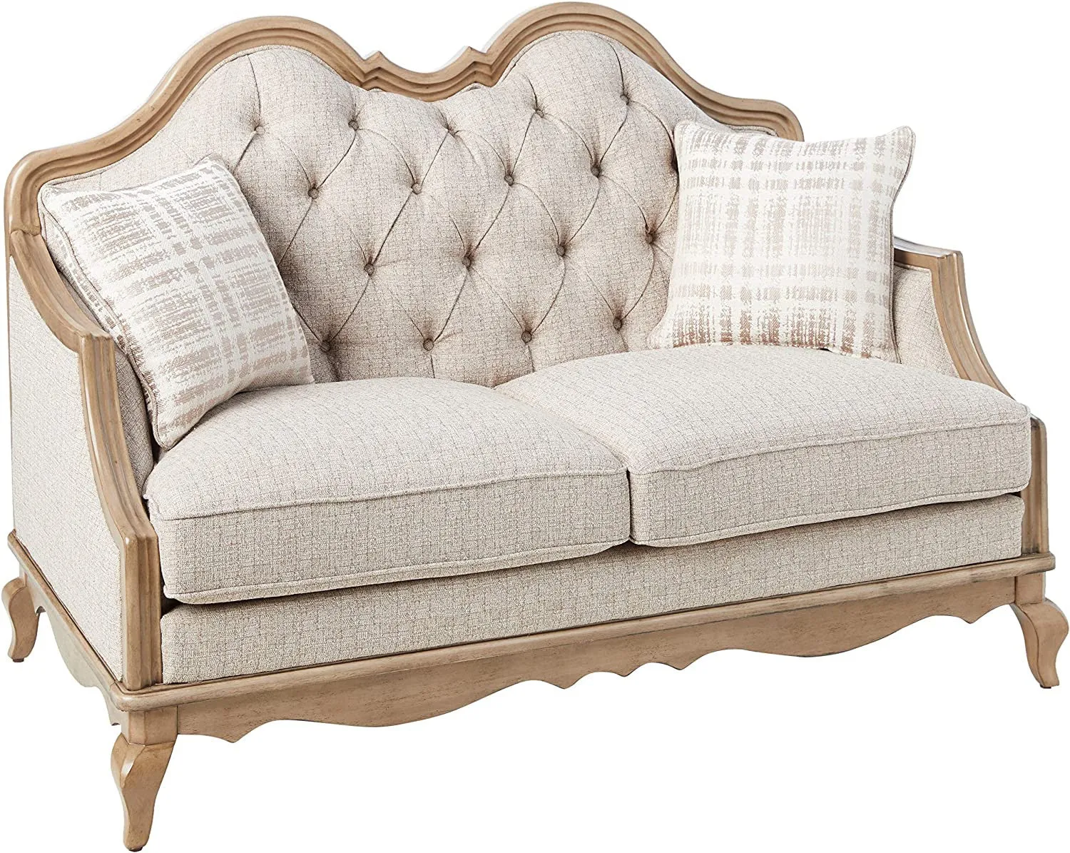 62 Beige And Brown Linen Loveseat and Toss Pillows