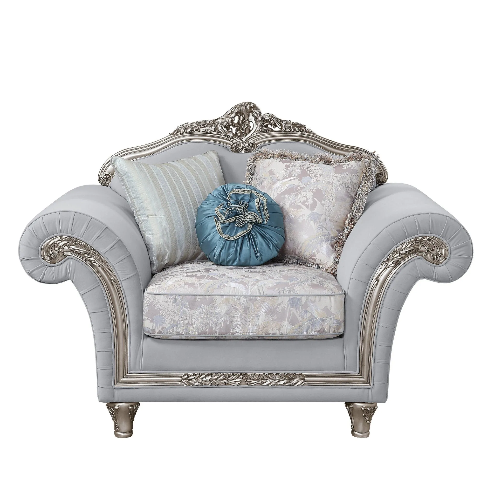 62 Light Gray Linen And Platinum Floral Club Chair