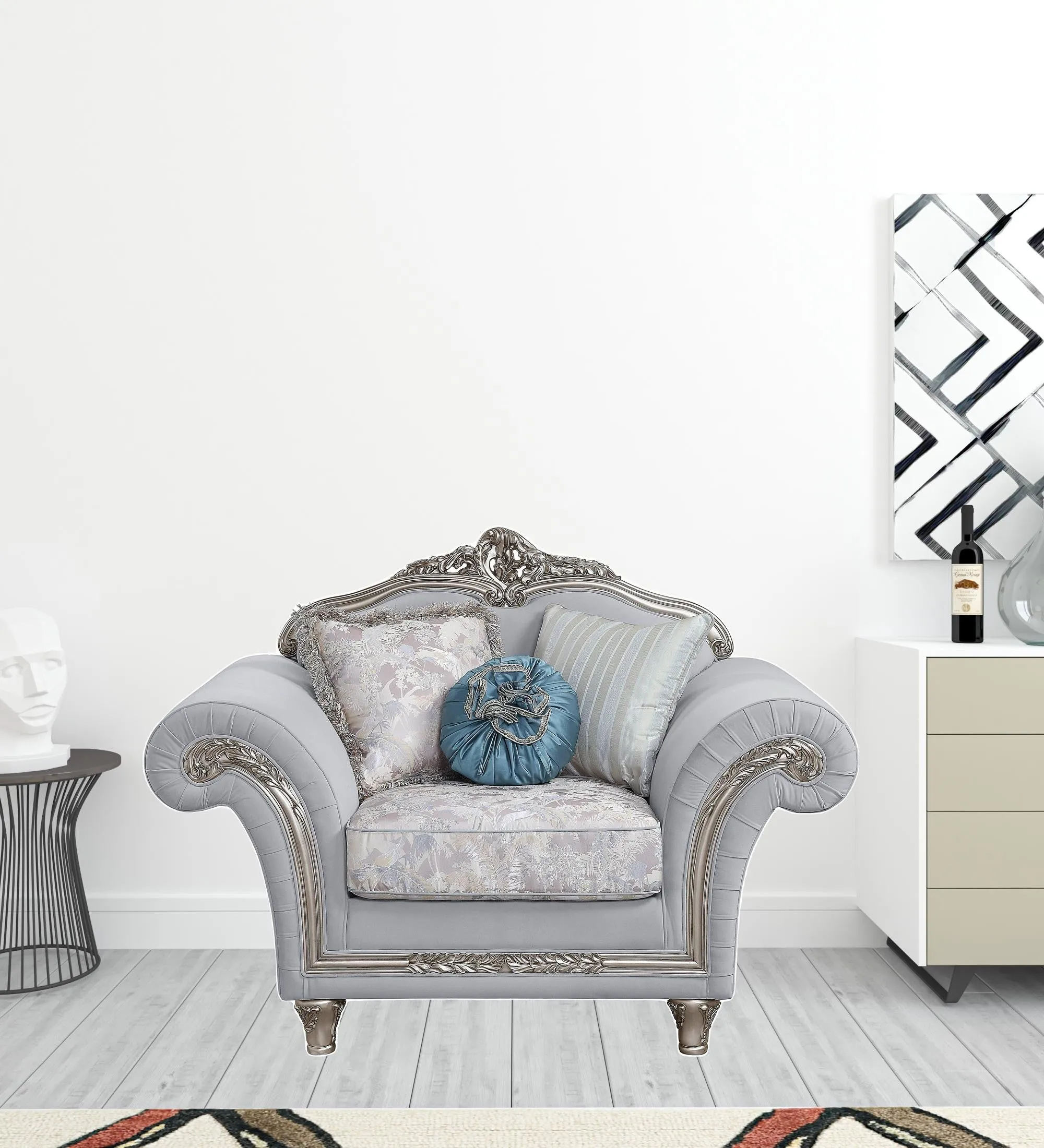 62 Light Gray Linen And Platinum Floral Club Chair