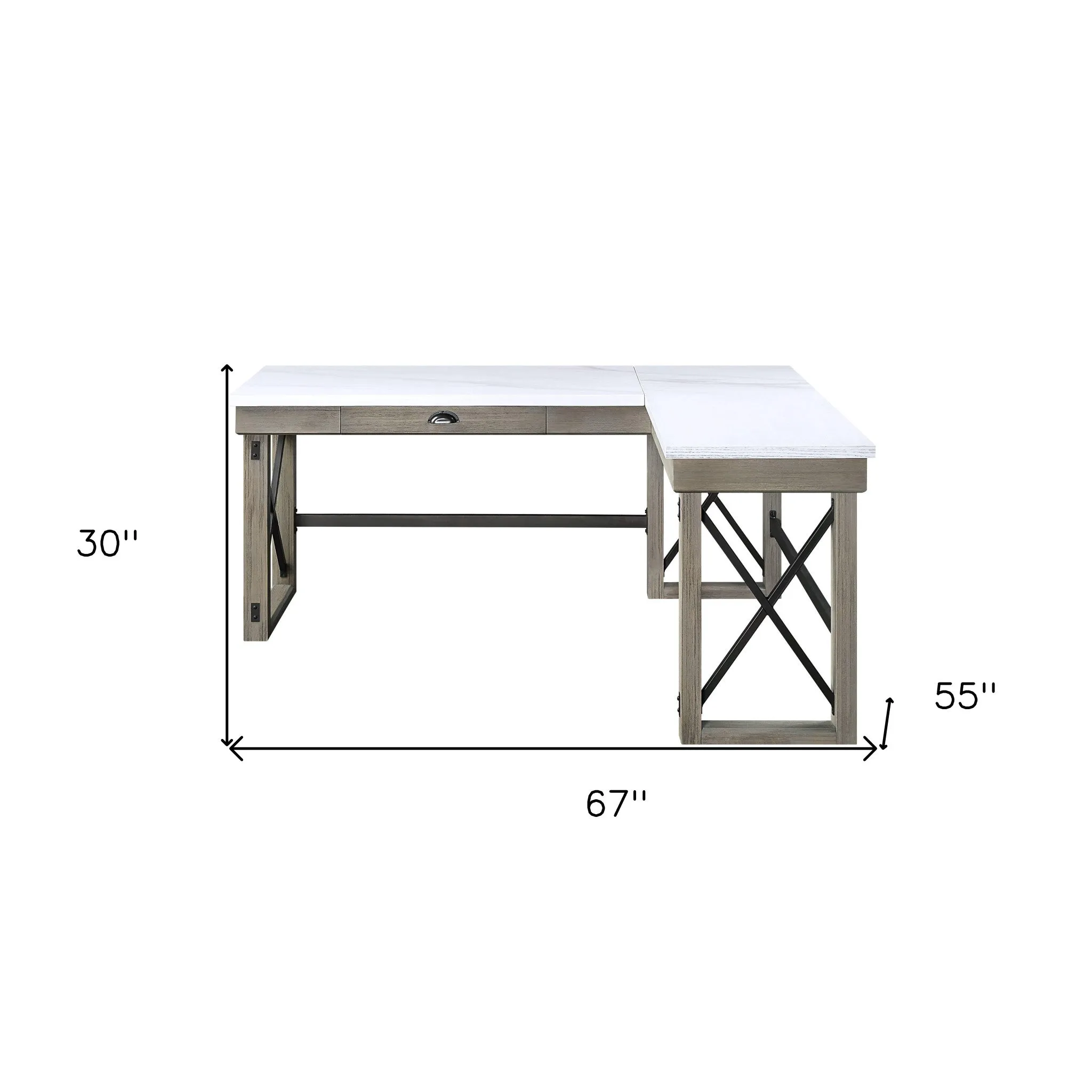 67 White and Brown Marble L Shape Writing Desk