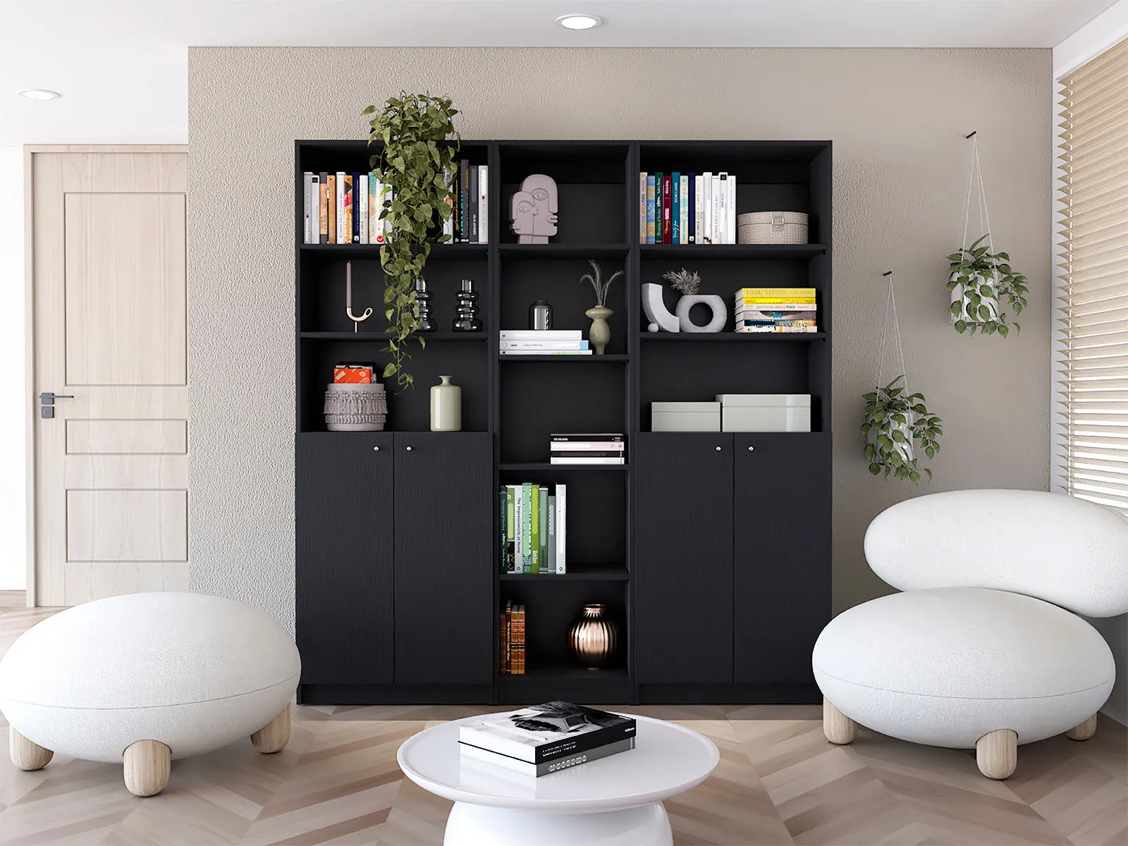 71 Black Five Tier Bookcase with Four doors