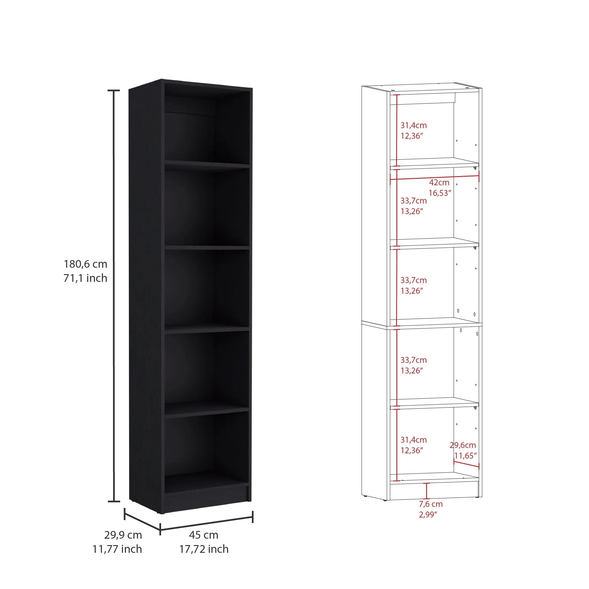 71 Black Five Tier Bookcase with Two doors