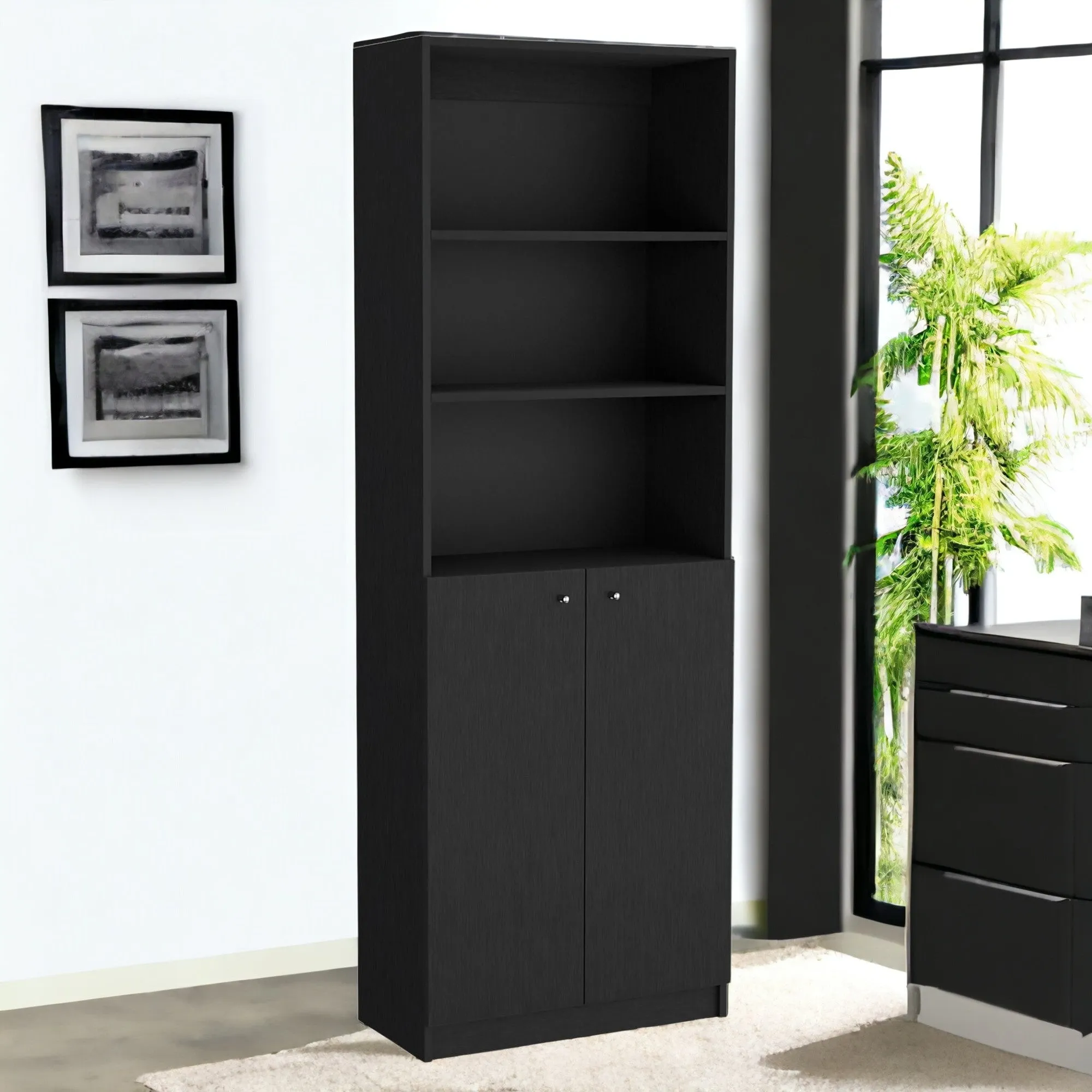 71 Black Five Tier Bookcase with Two doors