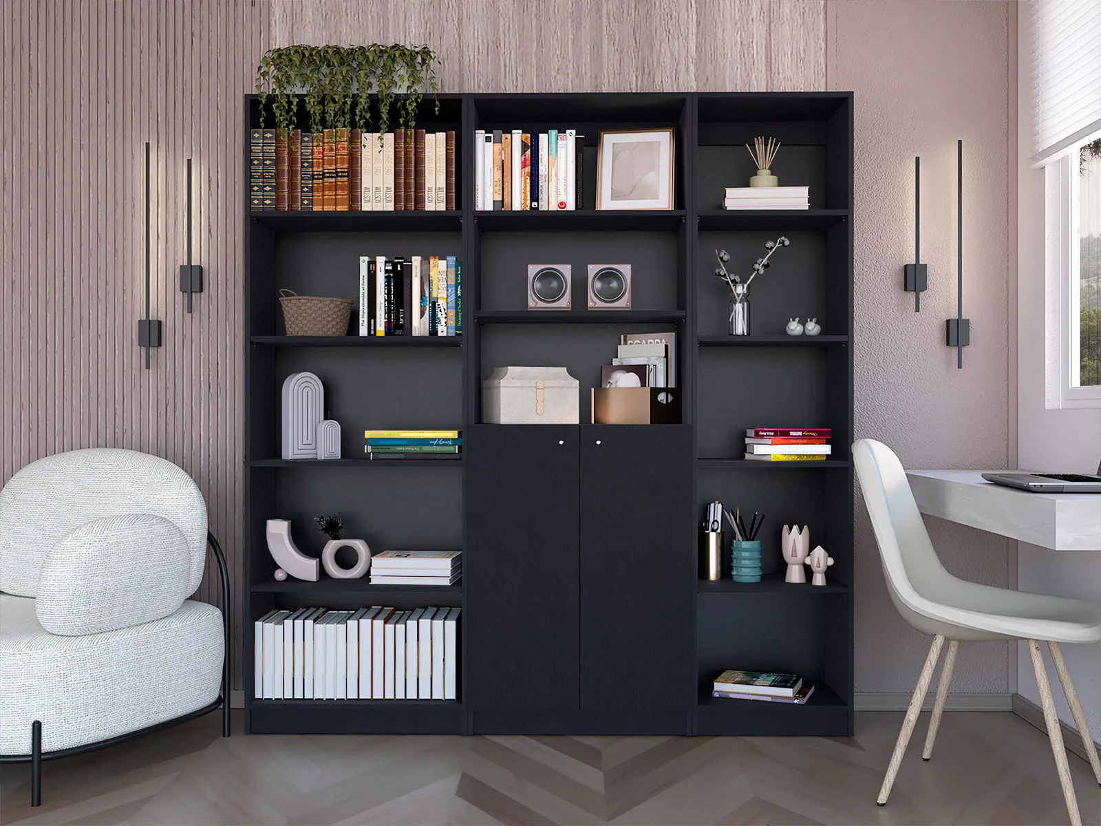 71 Black Five Tier Bookcase with Two doors