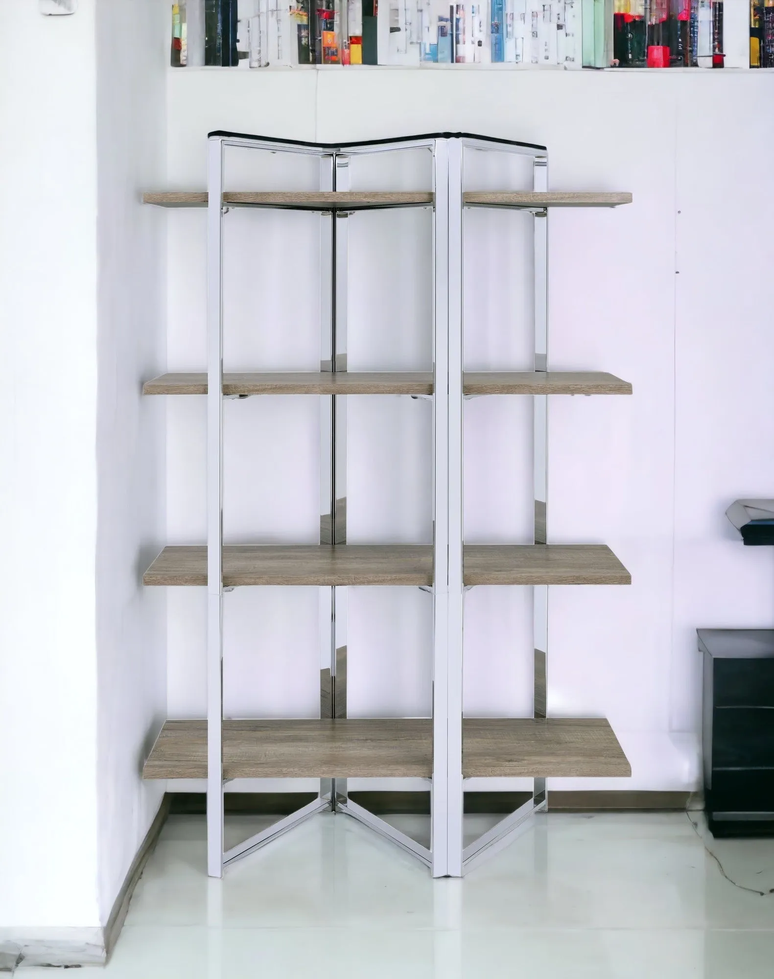 72 Brown and Silver Metal Four Tier Etagere Bookcase