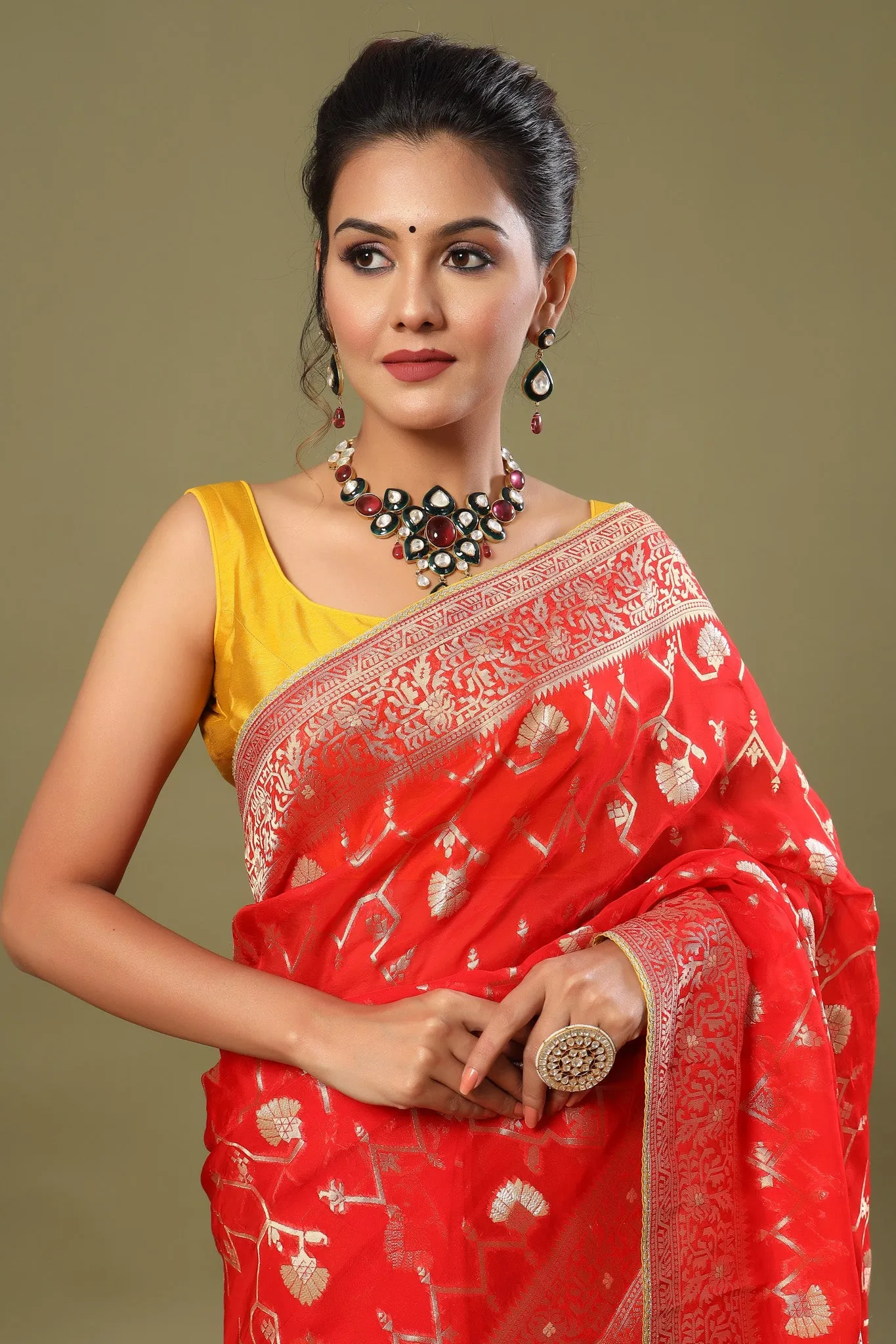 90Z559-RO Red Banarasi Saree with Zari Work Jaal