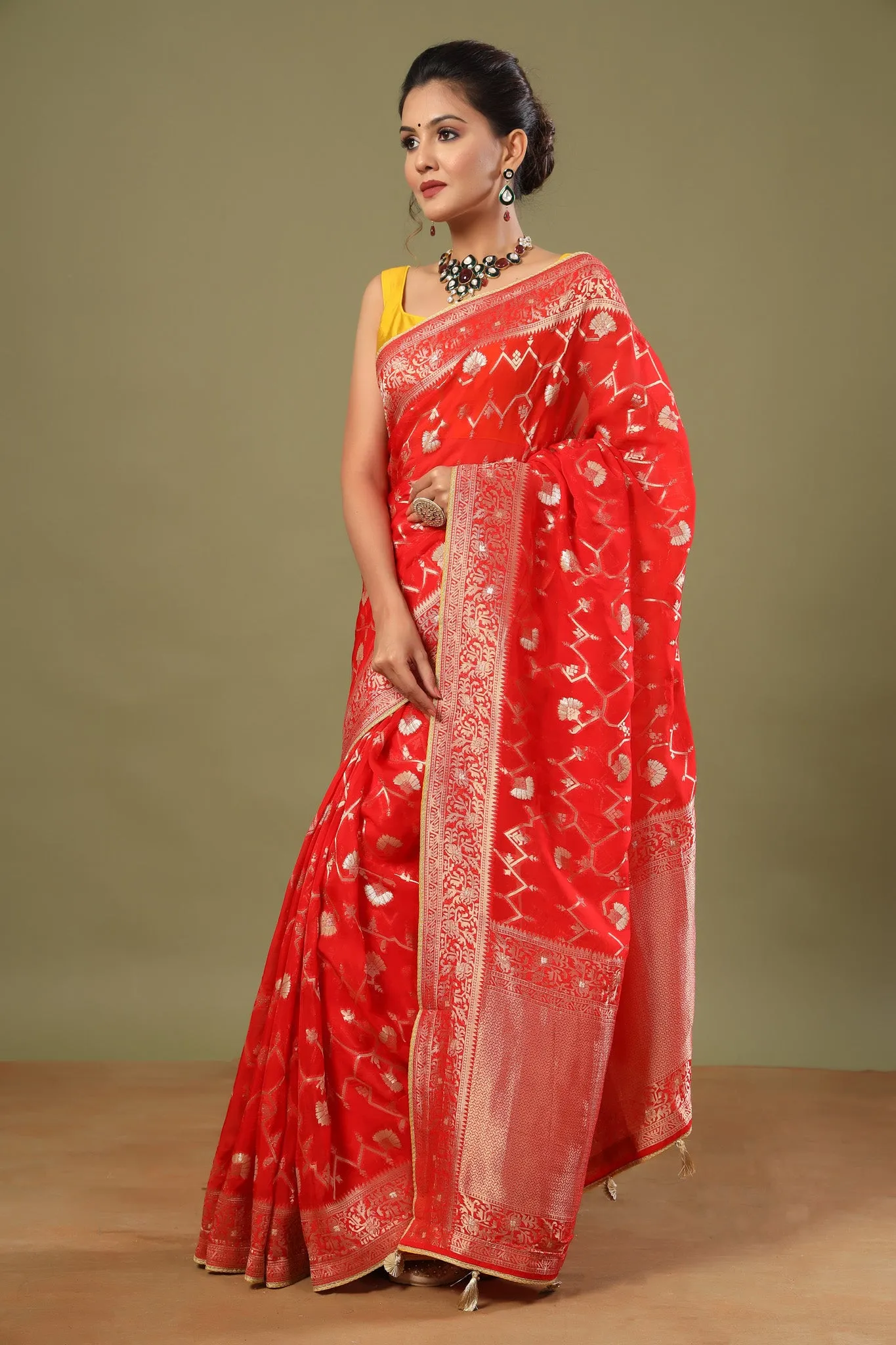 90Z559-RO Red Banarasi Saree with Zari Work Jaal