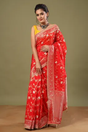 90Z559-RO Red Banarasi Saree with Zari Work Jaal