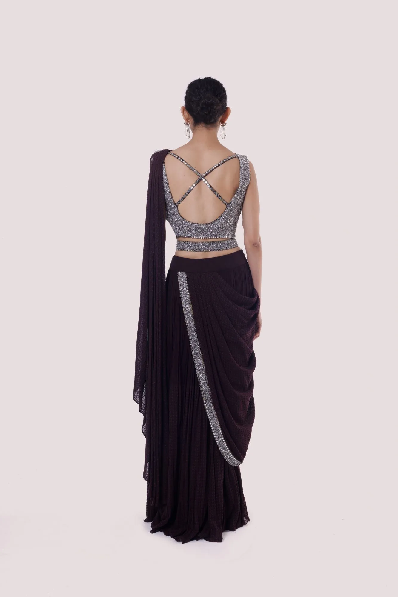 90Z882-RO Navy Blue Georgette Drape Saree Set