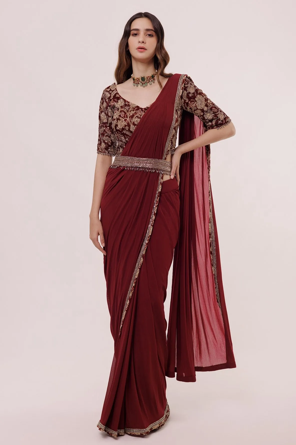 90Z969-RO Wine Net Saree With Velvet Blouse