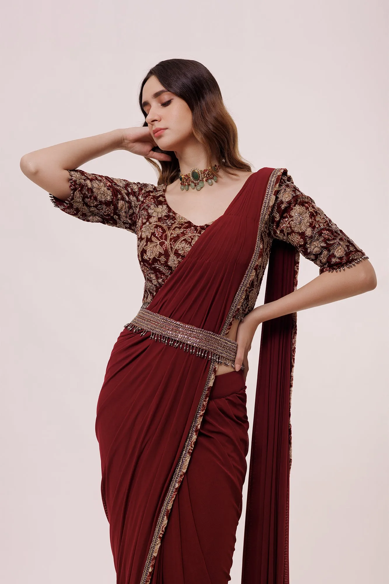 90Z969-RO Wine Net Saree With Velvet Blouse