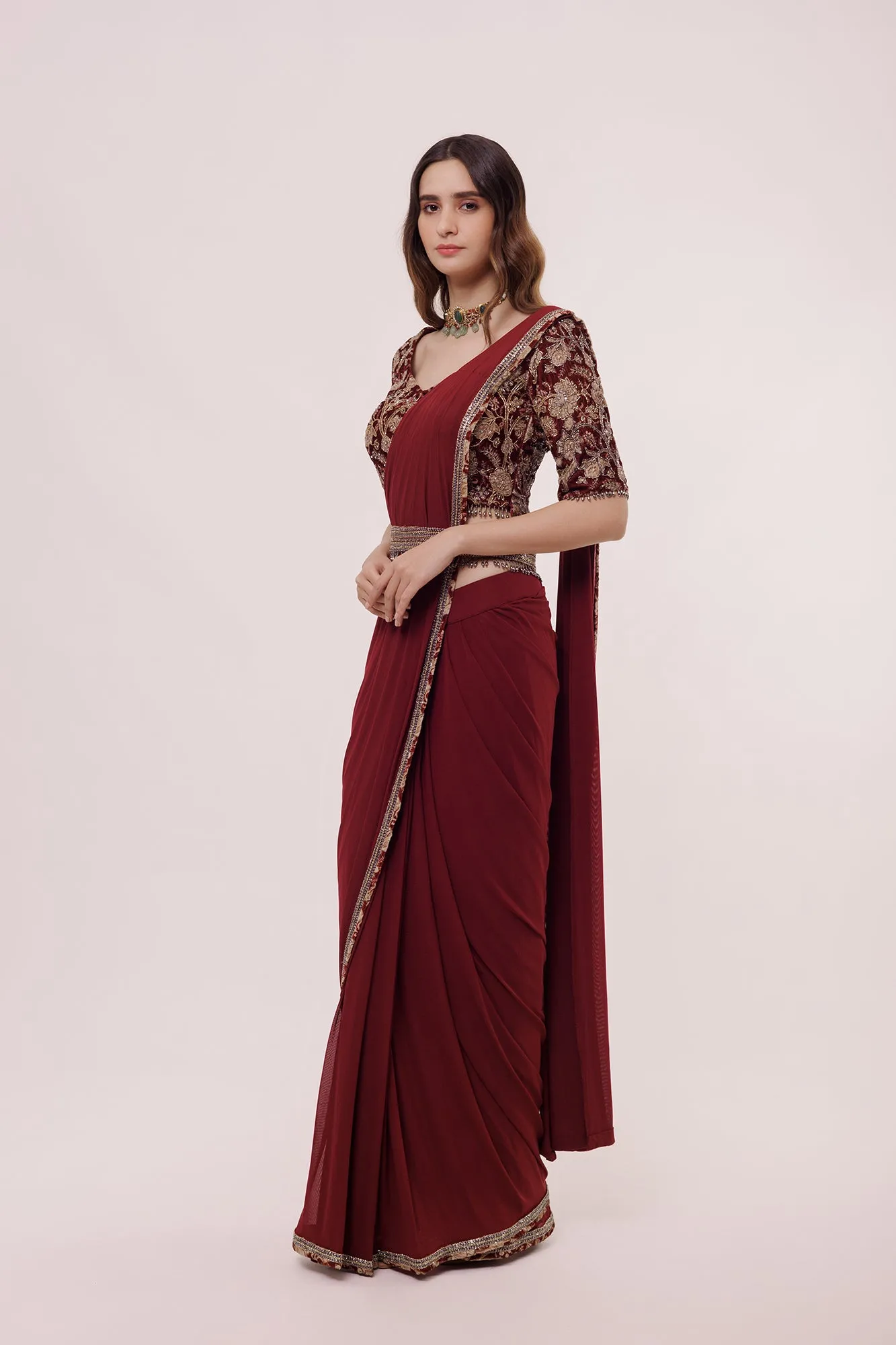 90Z969-RO Wine Net Saree With Velvet Blouse