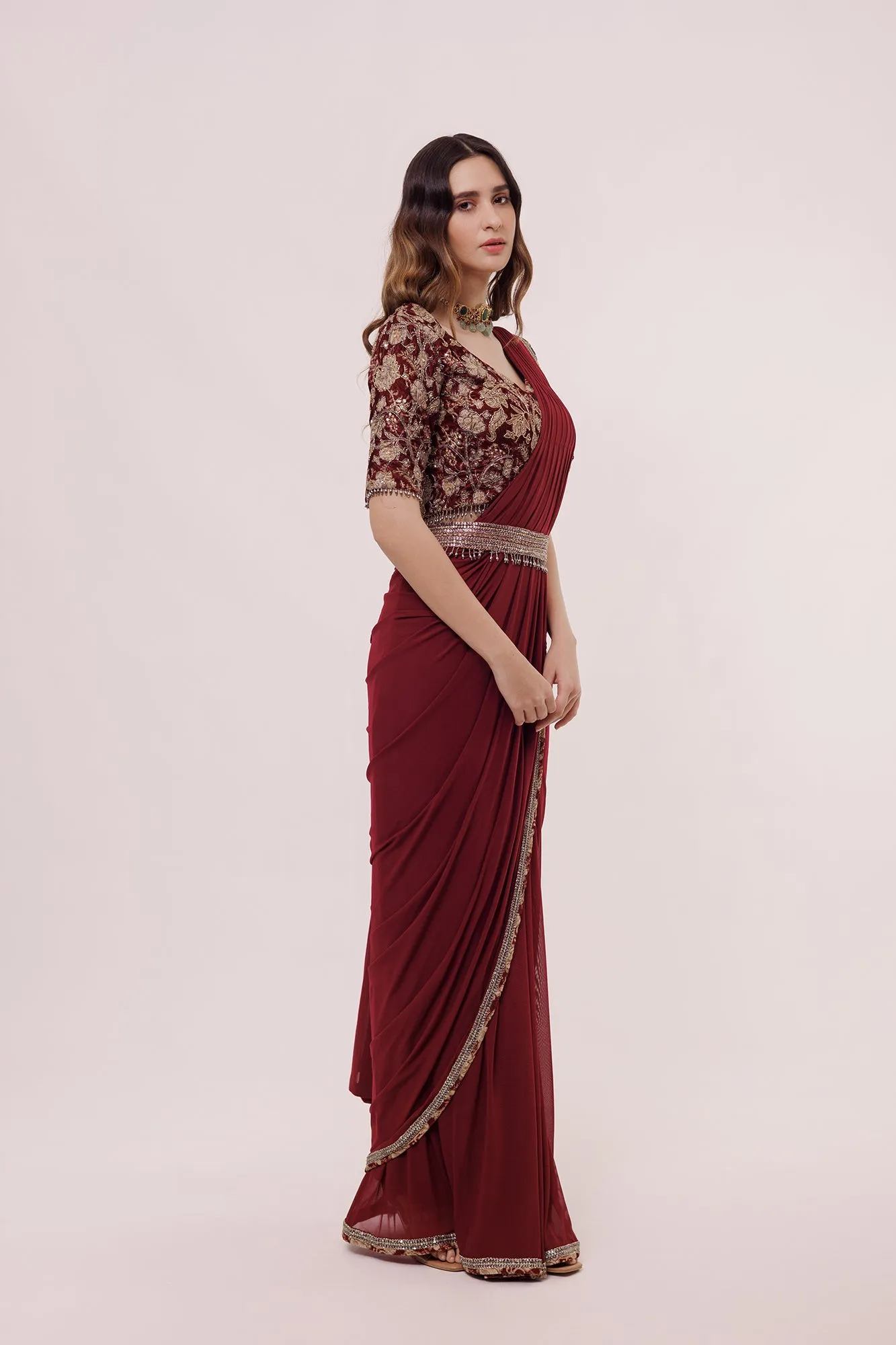 90Z969-RO Wine Net Saree With Velvet Blouse