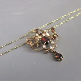 9ct Gold, Bohemian Garnet & Seed Pearl Art Nouveau Style Cocktail Necklace Vintage 1990 London