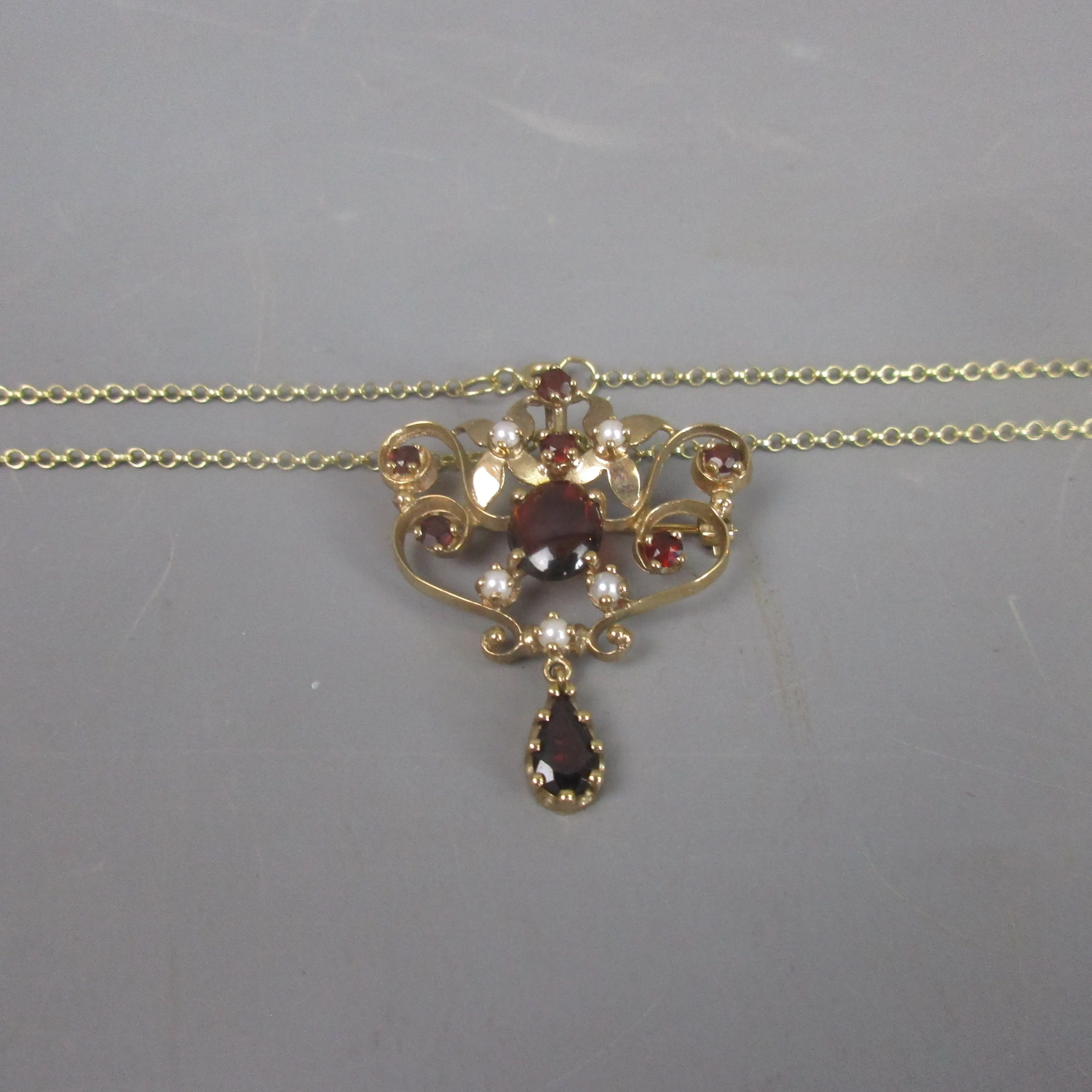 9ct Gold, Bohemian Garnet & Seed Pearl Art Nouveau Style Cocktail Necklace Vintage 1990 London