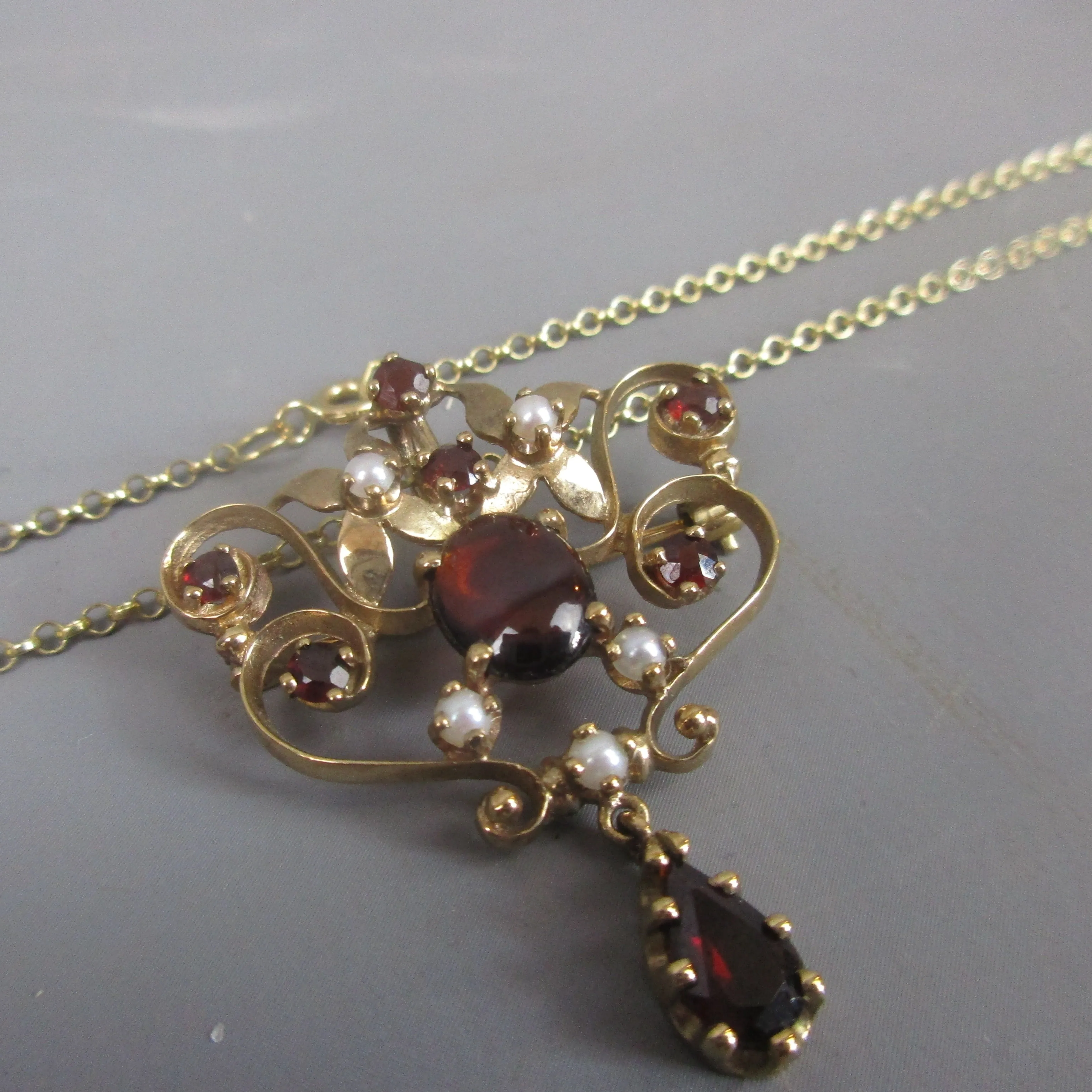 9ct Gold, Bohemian Garnet & Seed Pearl Art Nouveau Style Cocktail Necklace Vintage 1990 London