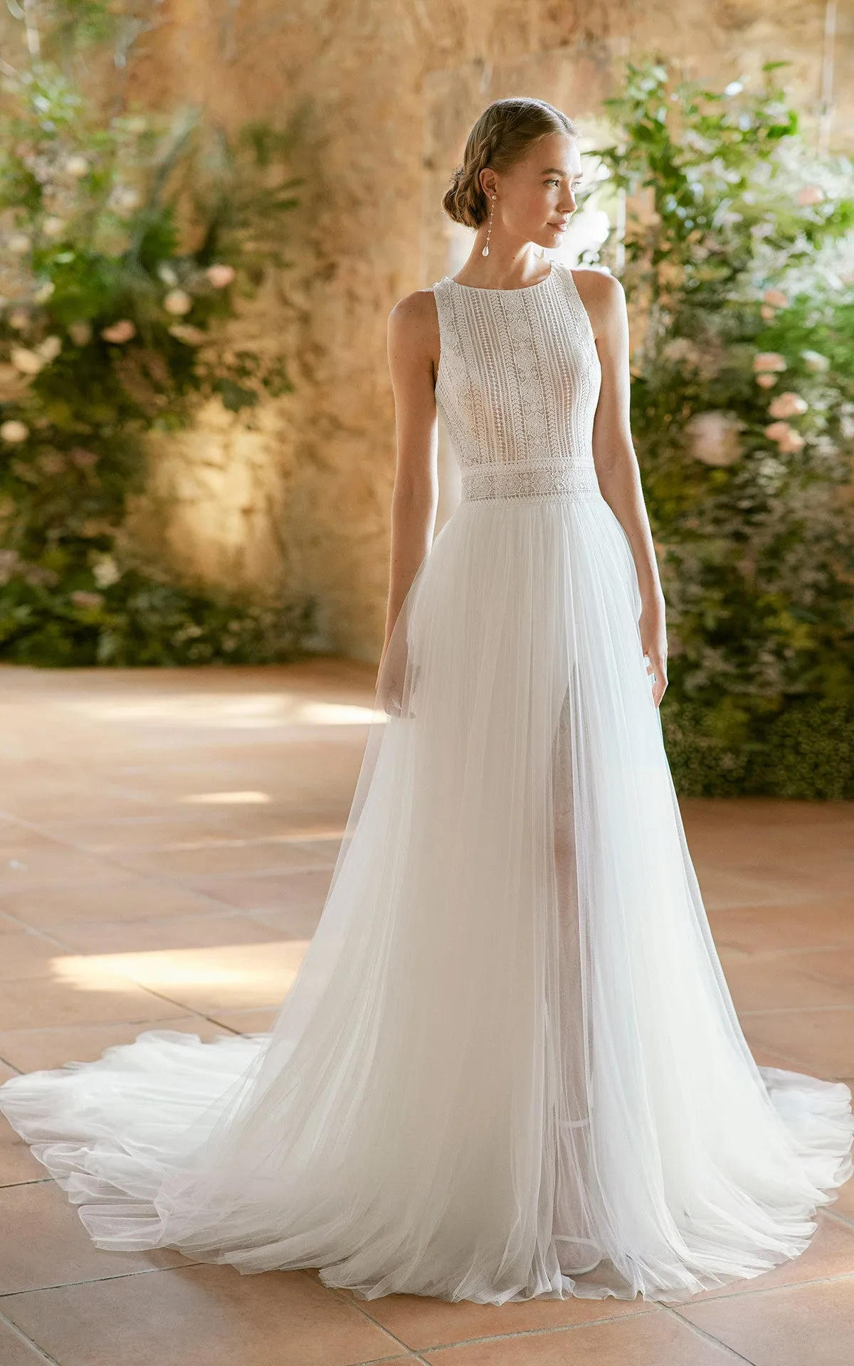 A-Line Bohemian Bateau Chiffon Romantic Wedding Dress With Cross Back And Court Train