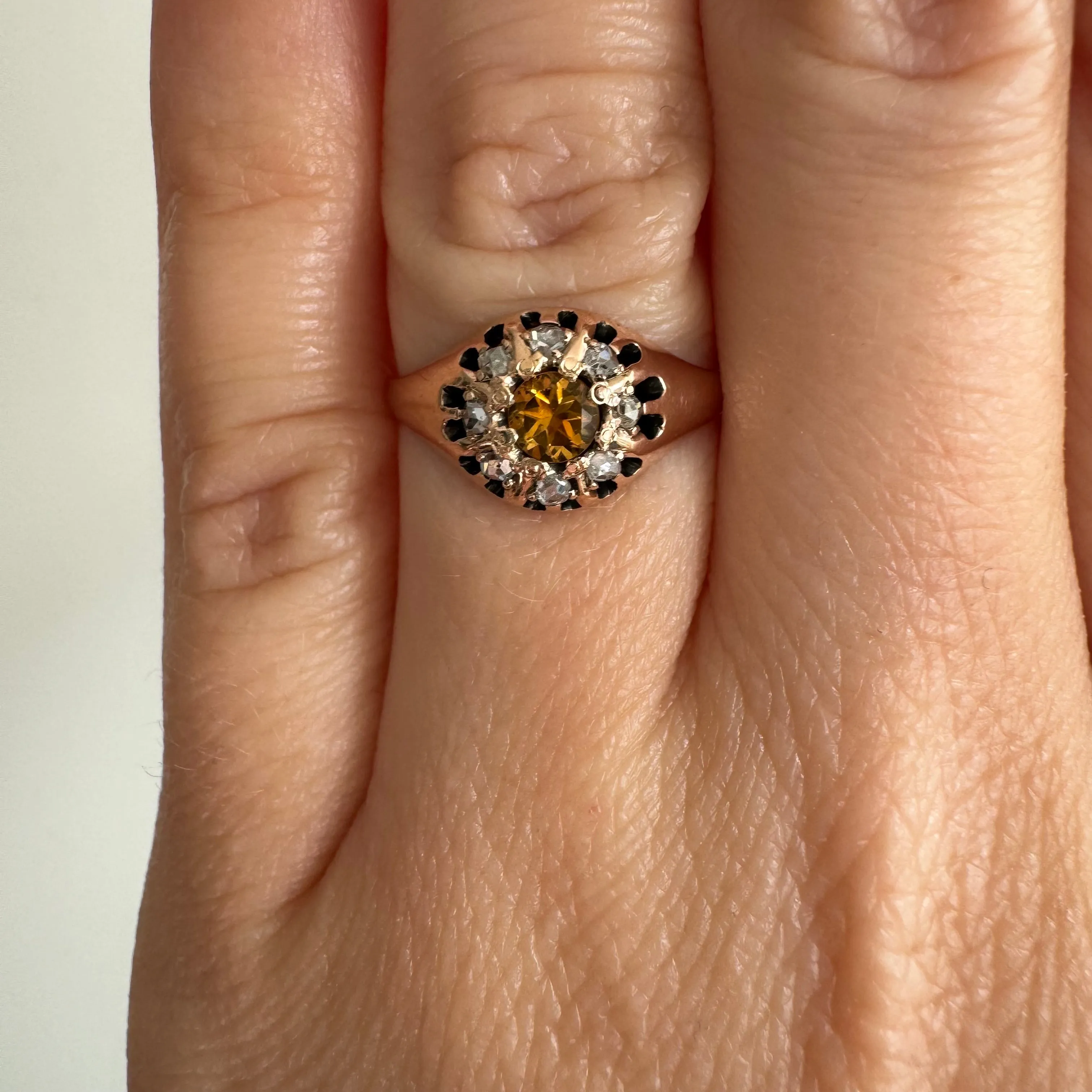 A N T I Q U E // daisy halo / 10k victorian rosy gold halo cluster ring with rose cut diamonds and citrine / size 5.75