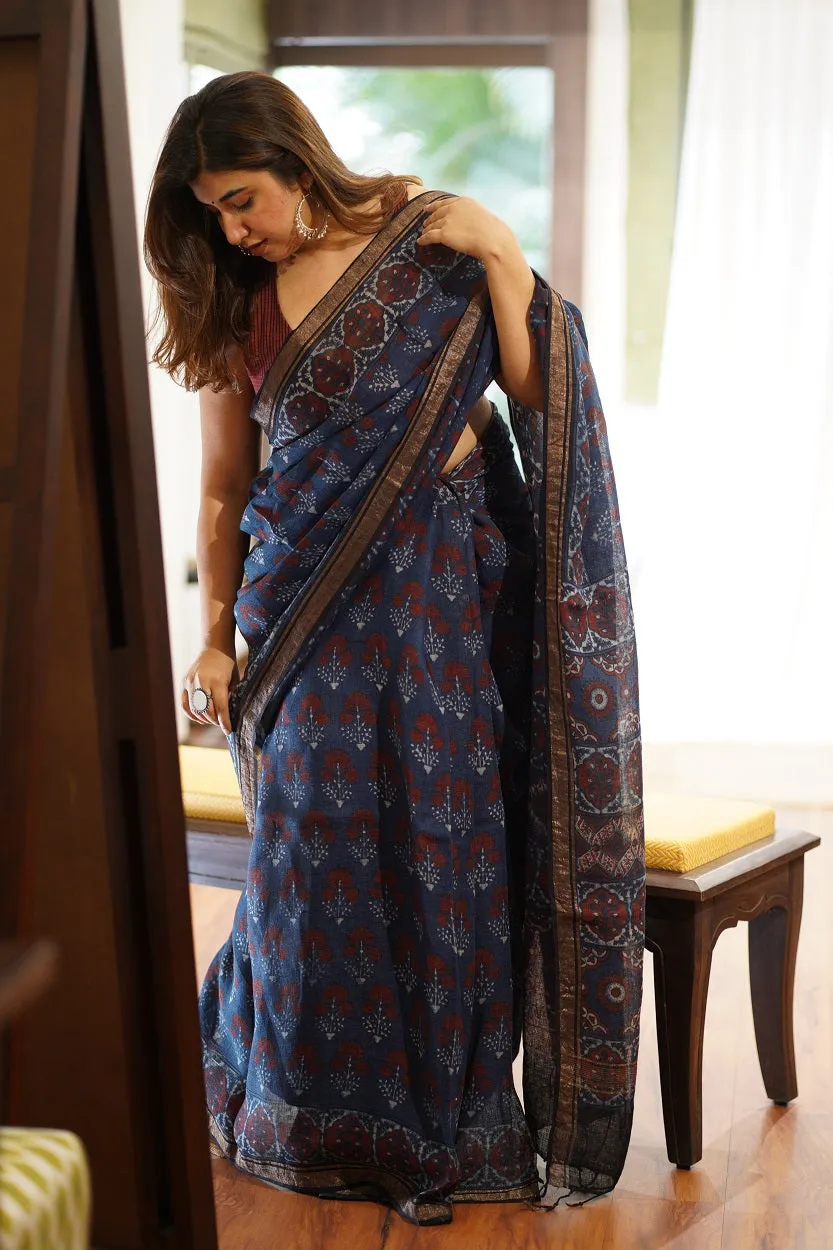 Ajrakh Hand Block Printed Linen Saree